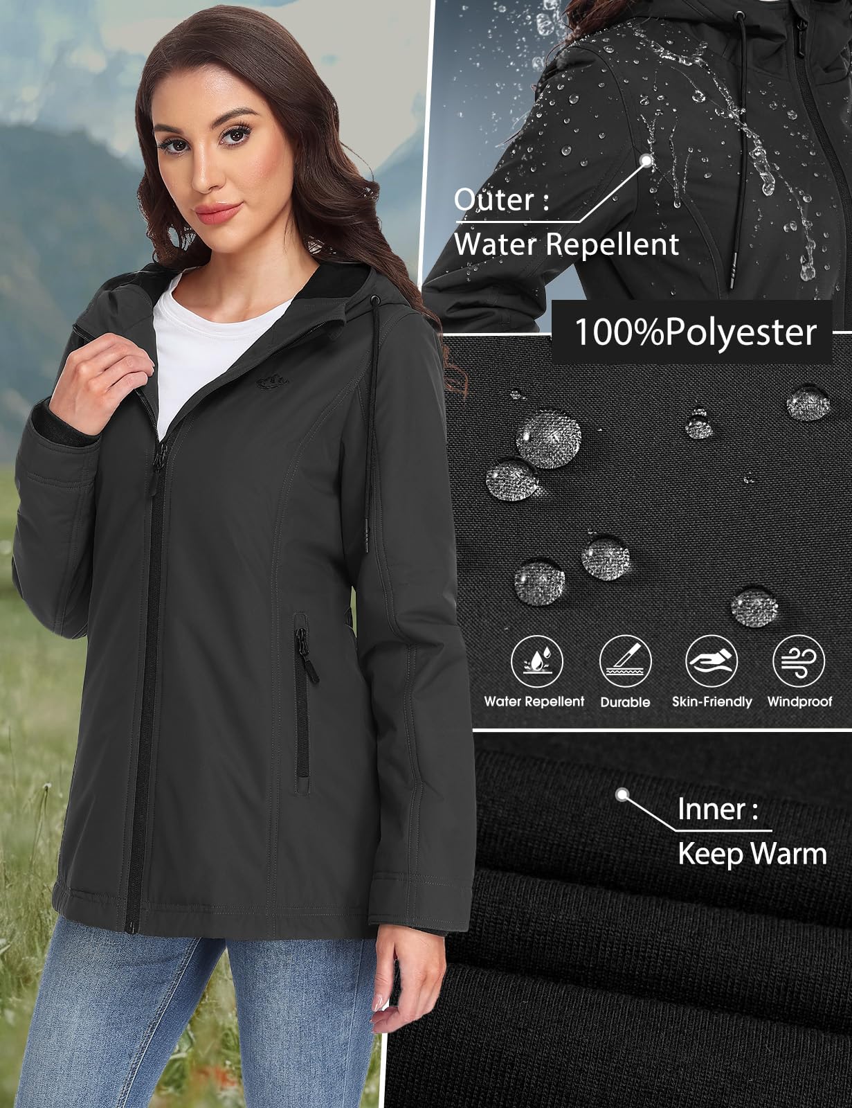 Veste Femme Softshell Imperméable Veste de Randonnée Parka Coupe Vent Blouson Polaire à Capuche Femme Printemps Automne Manteau Zippé d'Extérieur