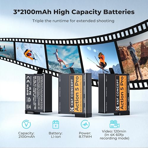 K&F CONCEPT 3 Pack Osmo Action 5 Pro Battery and Charger Set, Compatible with DJI Osmo 360 Action 6 Action 5 Pro Action 4 Action 3 Cameras, 2100mAh battery and USB C Fast Charging Case - 3
