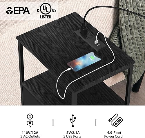 Miniatura 4 de DOMYDEVM Mesita de noche con estación de carga, moderna mesa auxiliar con puertos USB y tomacorrientes, mesa de noche negra con 2 cajones de