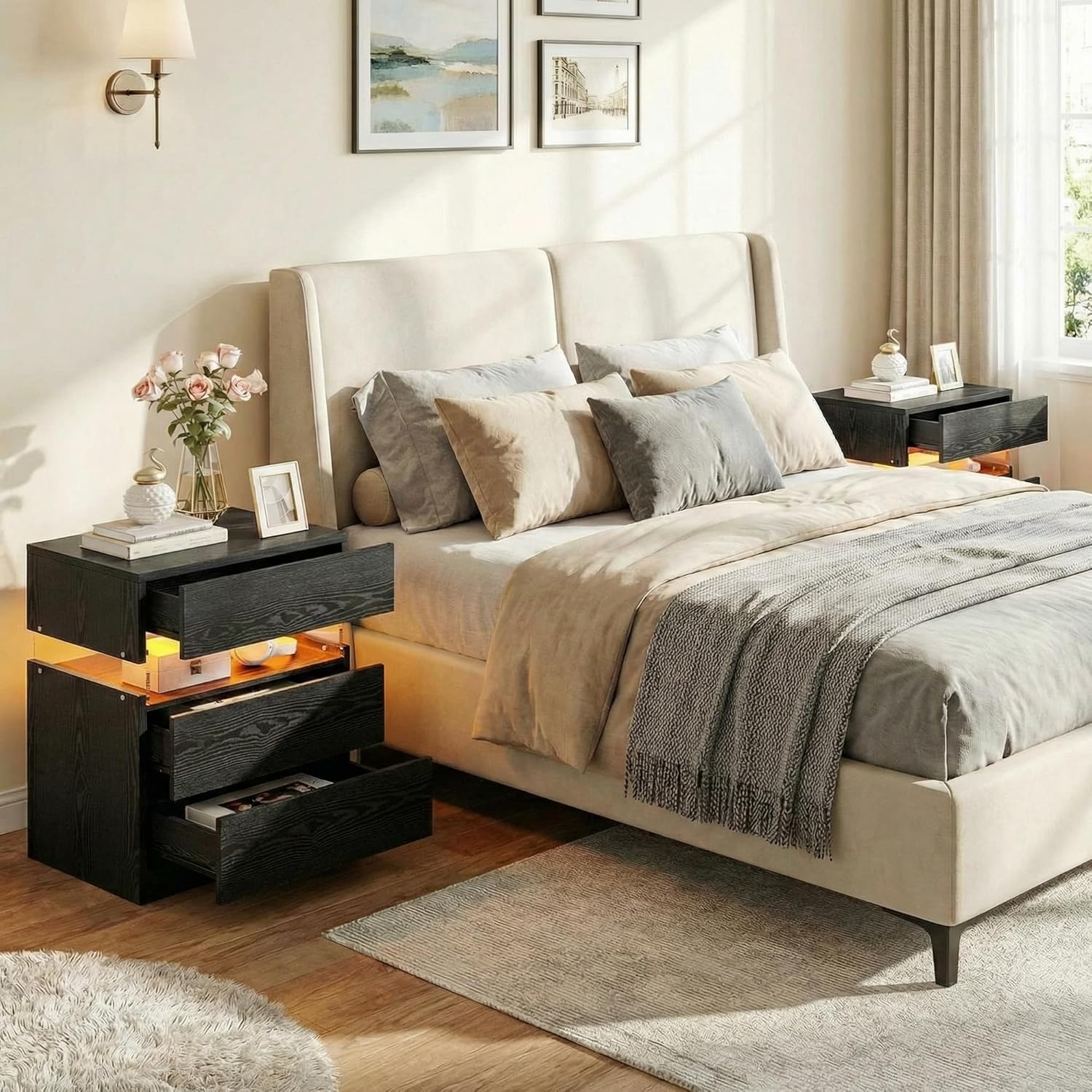 IRONCK Nightstand, Bedside Table with 3 Drawers, Modern Night Stands with LED Light, End Table with Storage for Bedroom, Black