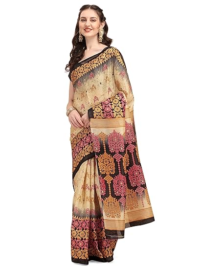 Women's Art Silk Printed Saree with Unstitched Blouse Piece (EJ7037-Roohi- Beige Black_Black)
