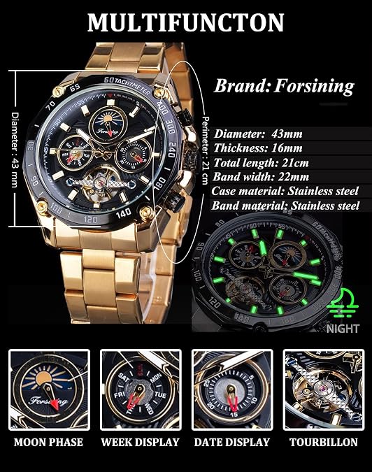 FORSINING Mens Tourbillon Automatic Mechanical Self-Wind Luxury Moon Phase Stainless Steel 44mm Big Black Dial Wrist Watch