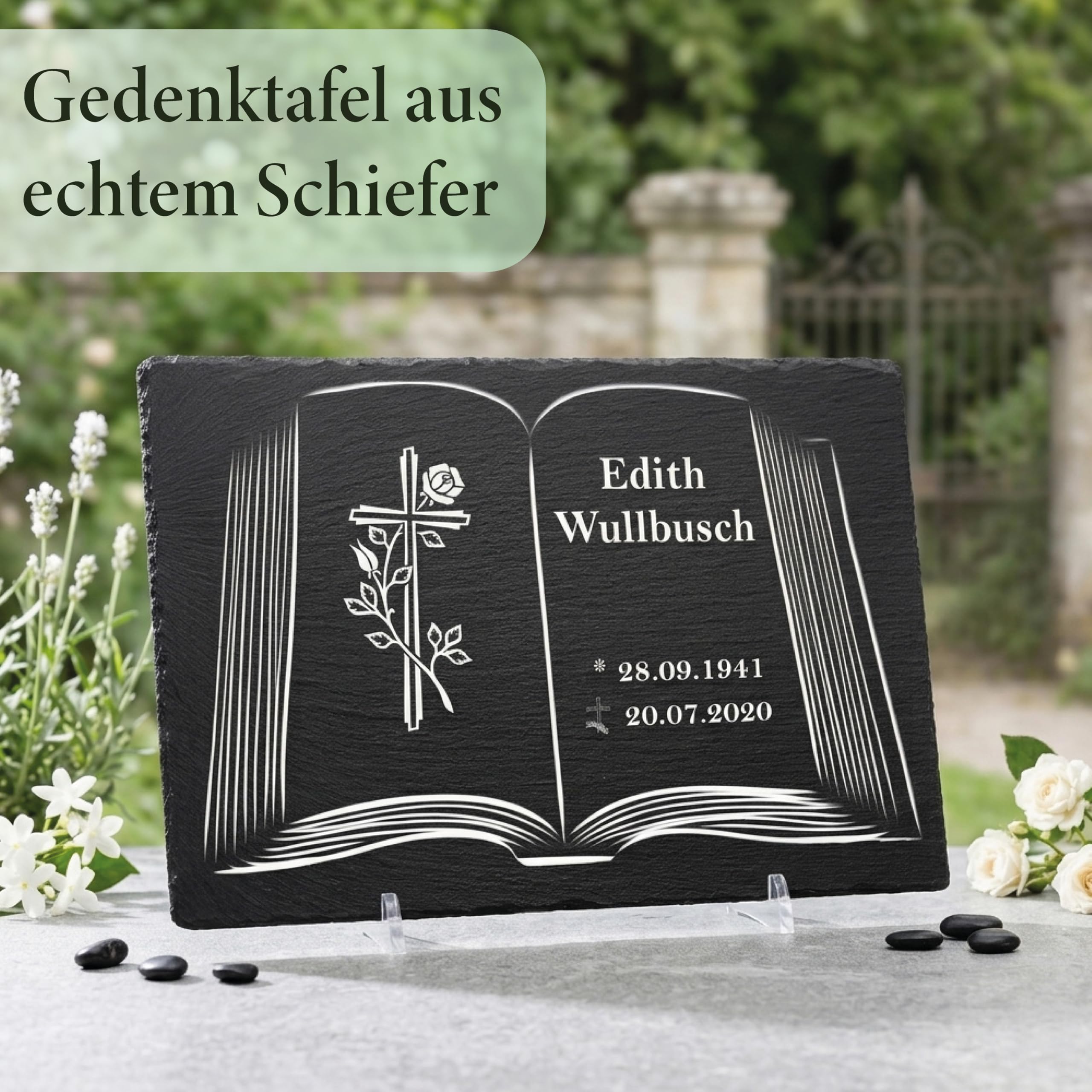 Urnengrabstein Buchmotiv mit Kreuz, Grabstein, Gedenkstein mit personalisierter Lasergravur, Naturschieferstein, 30 x 20cm 100% witterungsbeständig