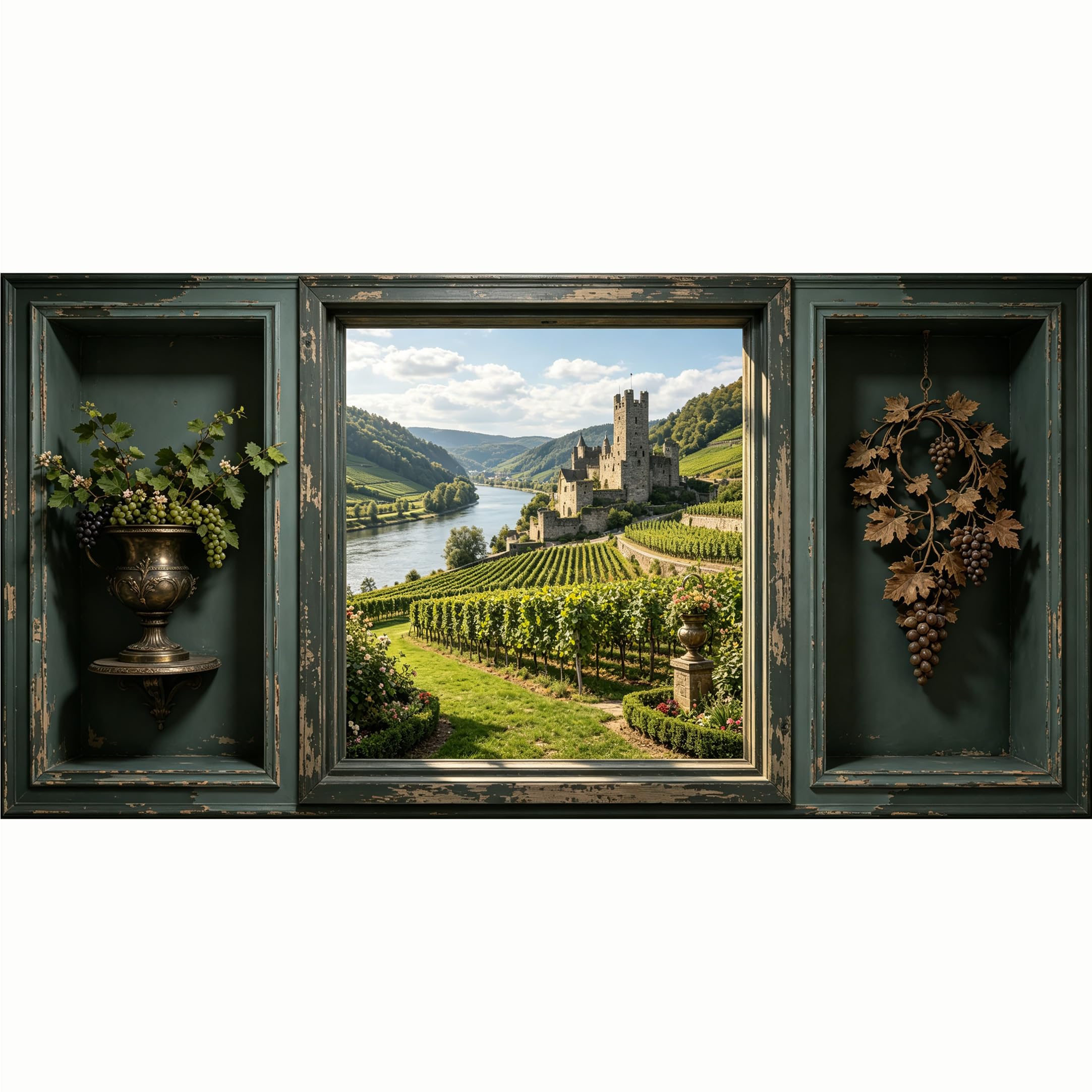 QZLITHOTIC 50x100cm 3D Framed Wall Art， European Castle Vineyard Landscape SelfAdhesive Mural， WaterActivated Peel & Stick Fabric Decor Wall Decal for Bedroom Living Room