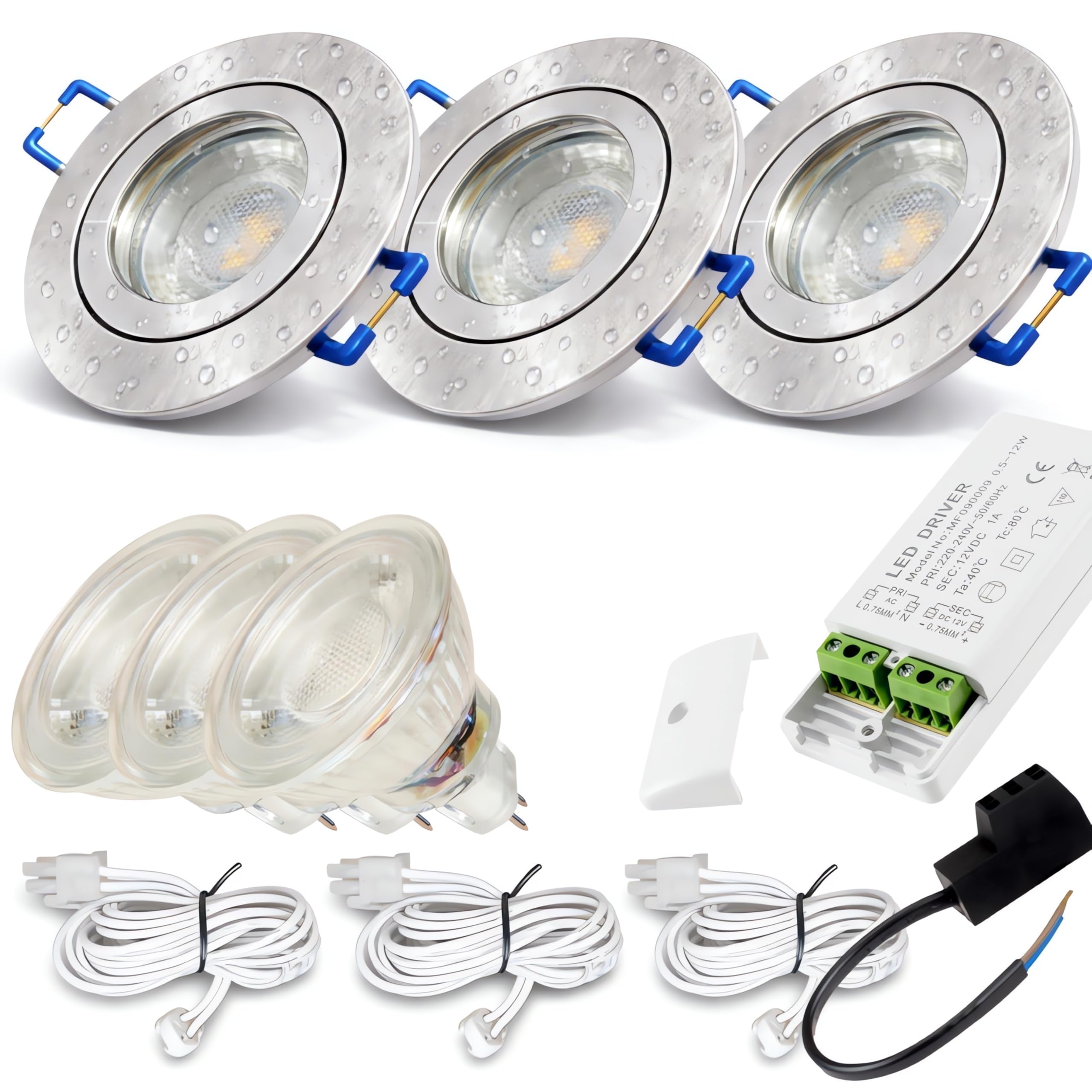 LED Einbaustrahler 12V IP44 – 3er Set • 3W • 250lm • Warmweiß (3000k)• rund • inkl. LED Trafo & 120cm AMP Kabel • Feuchtraum Spots für Bad, Dusche, Küche & geschützten Außenbereich