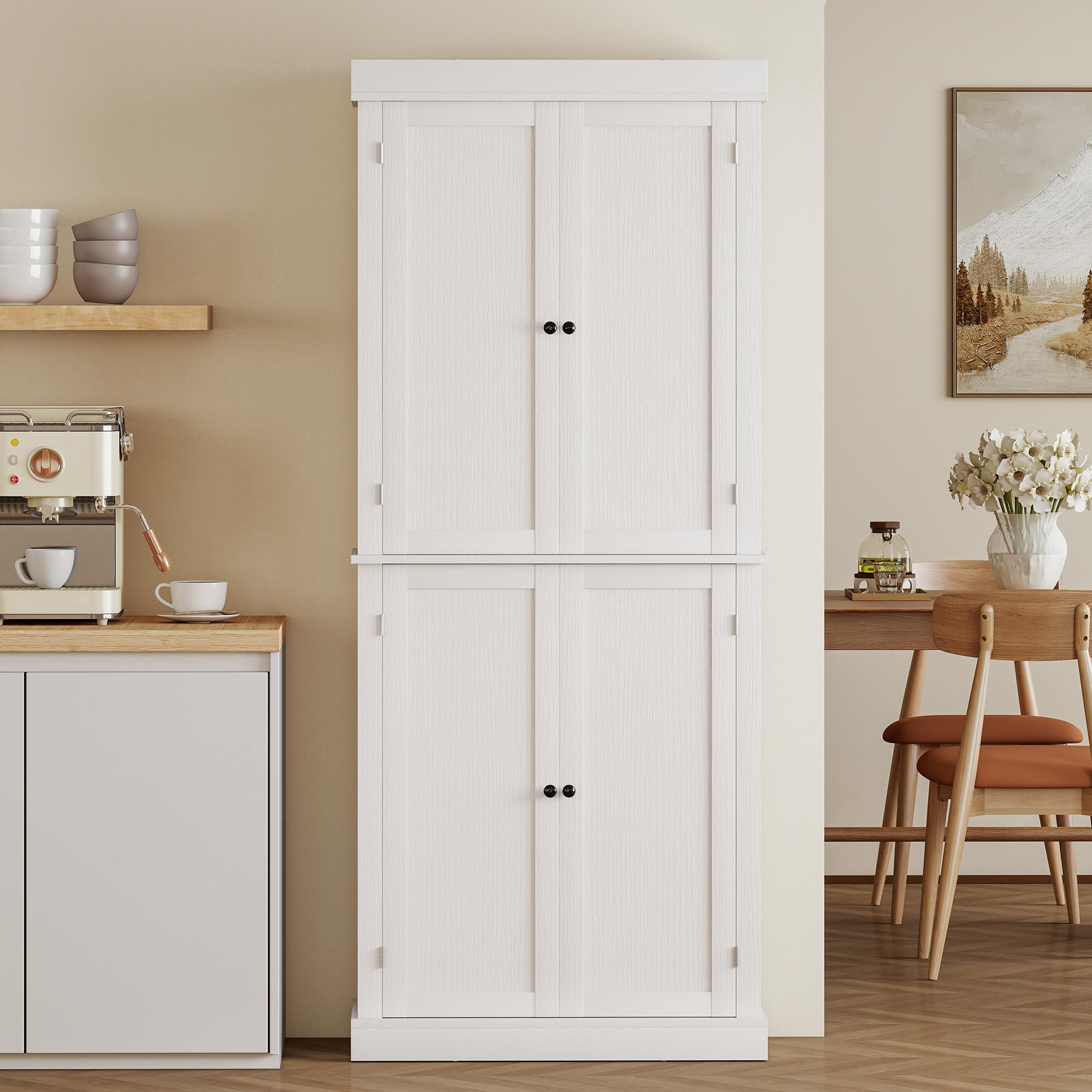HOMCOM Credenza Cucina Alta 184cm, Mobile Dispensa con 4 Ante Chiusura Magnetica, Ripiani Regolabili, Mobile Cucina a 6 Livelli, per Sala da Pranzo Soggiorno, Bianco