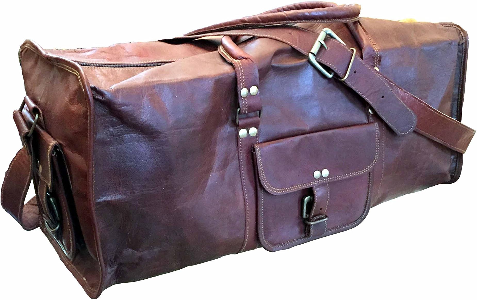 True Grit Leather-"Outsider" Vintage Brown Mens Leather Travel Duffel Overnight Bag Luggage Suitcase (24 Inch)