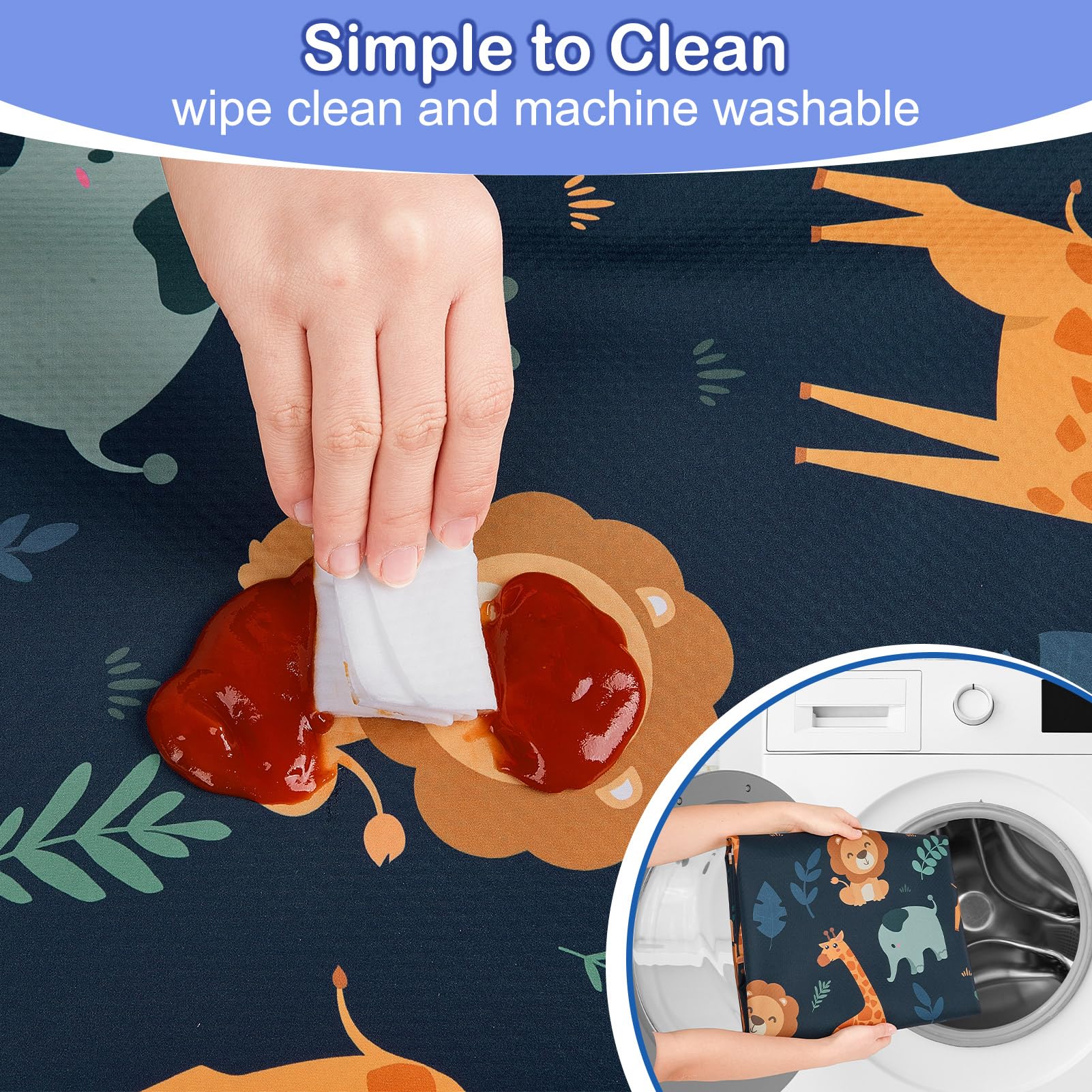 Tappetino Seggiolone Bambini 107x117cm, Unicorn Castle Tappeto Impermeabile Lavabile Antiscivolo, Splash Mat Pieghevole Portatile per Svezzamento e Protezione del Pavimento,Dark Blue Giraffe - 4