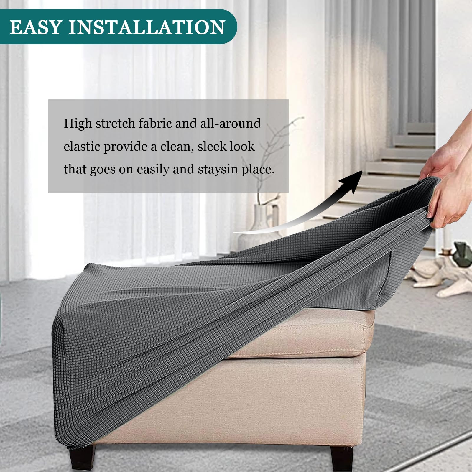 Copri Pouf Elasticizzato Rettangolare Antiscivolo – Jacquard Morbido, Lavabile, Grigio Chiaro, X-grande
