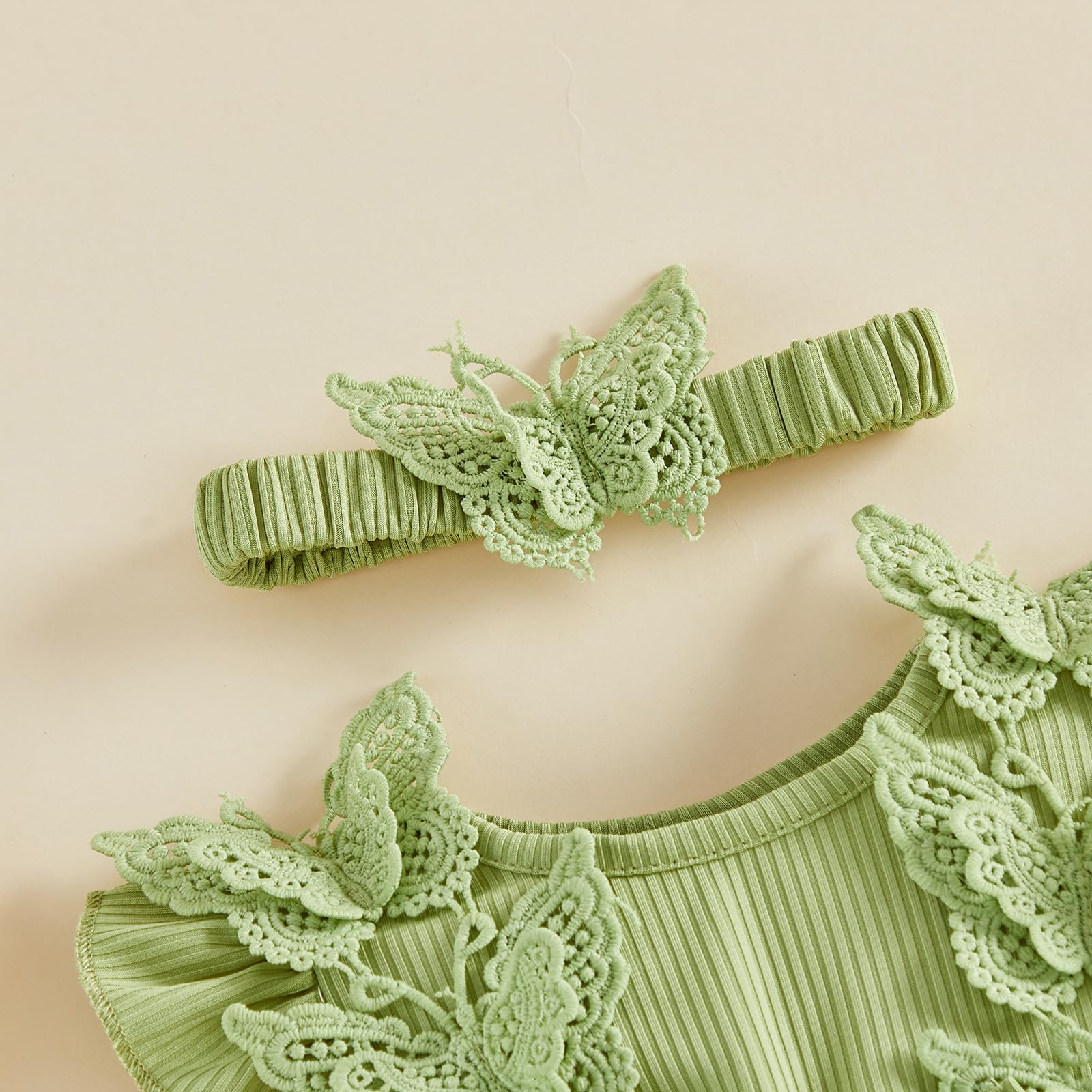 Caziffer 2Pcs Ensemble Bébé Fille Été, Robe Barboteuse à Manches Volantes, Fleur Brodée, Tulle Patchwork, 3D Papillon Décor, avec Bandeau, Tenue pour Bébé Fille Chic, 0-18 Mois