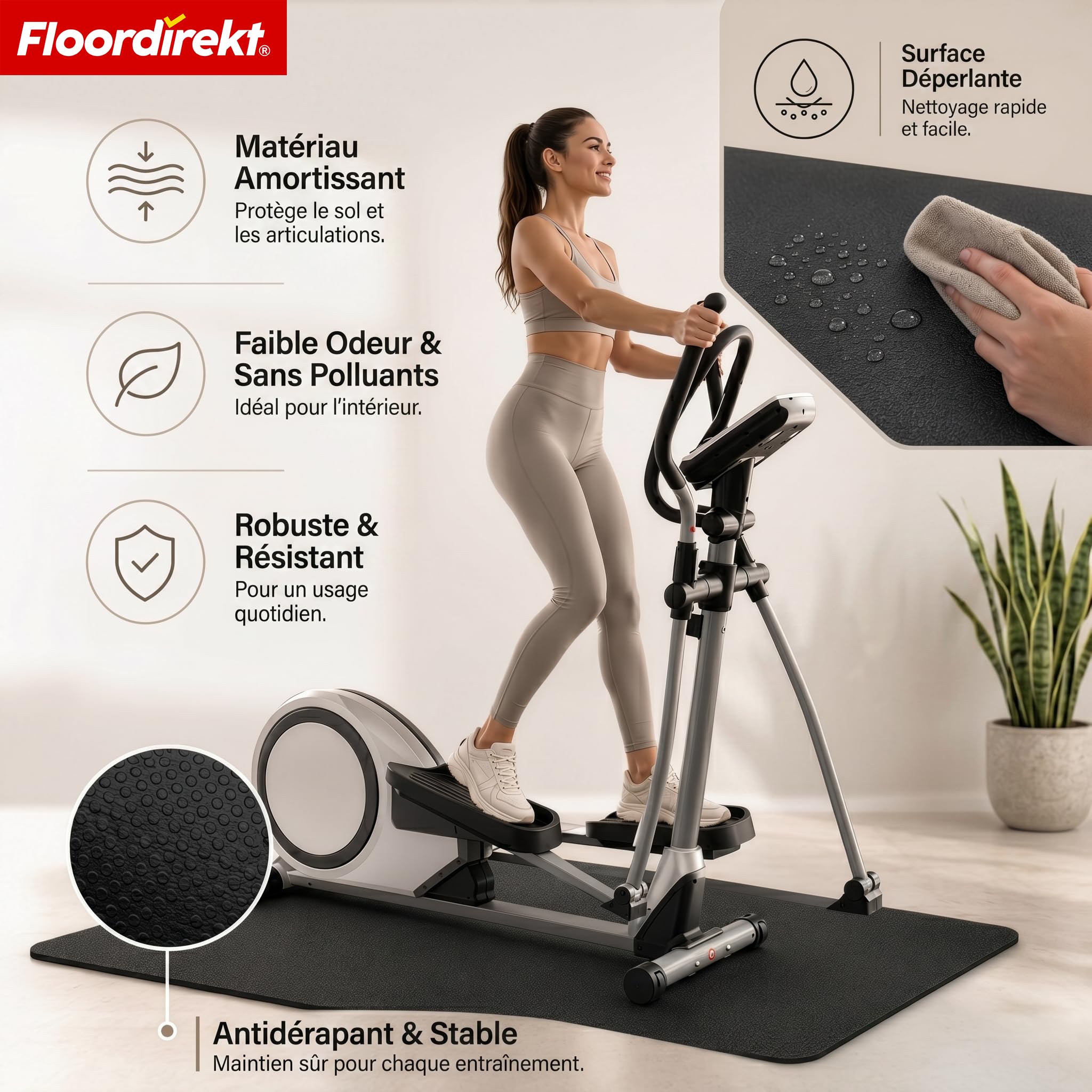 Floordirekt Sparta Tapis de protection de sol antidérapant pour tapis de course, vélo elliptique et équipement de fitness, absorbant les chocs