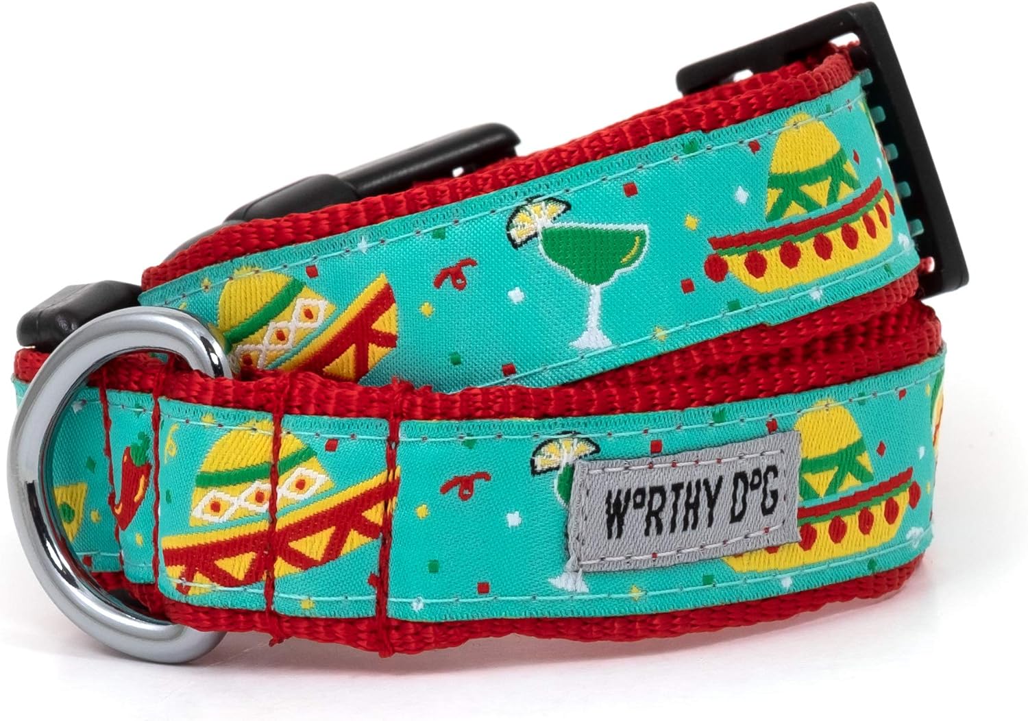THE WORTHY DOG Collar for Large Dogs, Adjusts 15-21 inches, Durable Nylon Webbing, Quick Release Buckle, Cinco de Mayo Pattern, Turquoise, Large