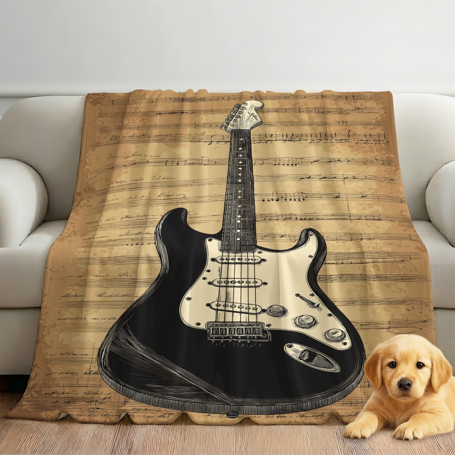 Manta musical de 200 x 200 cm, diseño vintage de instrumentos musicales con notas de guitarra, manta de forro polar acogedora de microfibra para sofá, cama, regalo para padres de niños, marrón