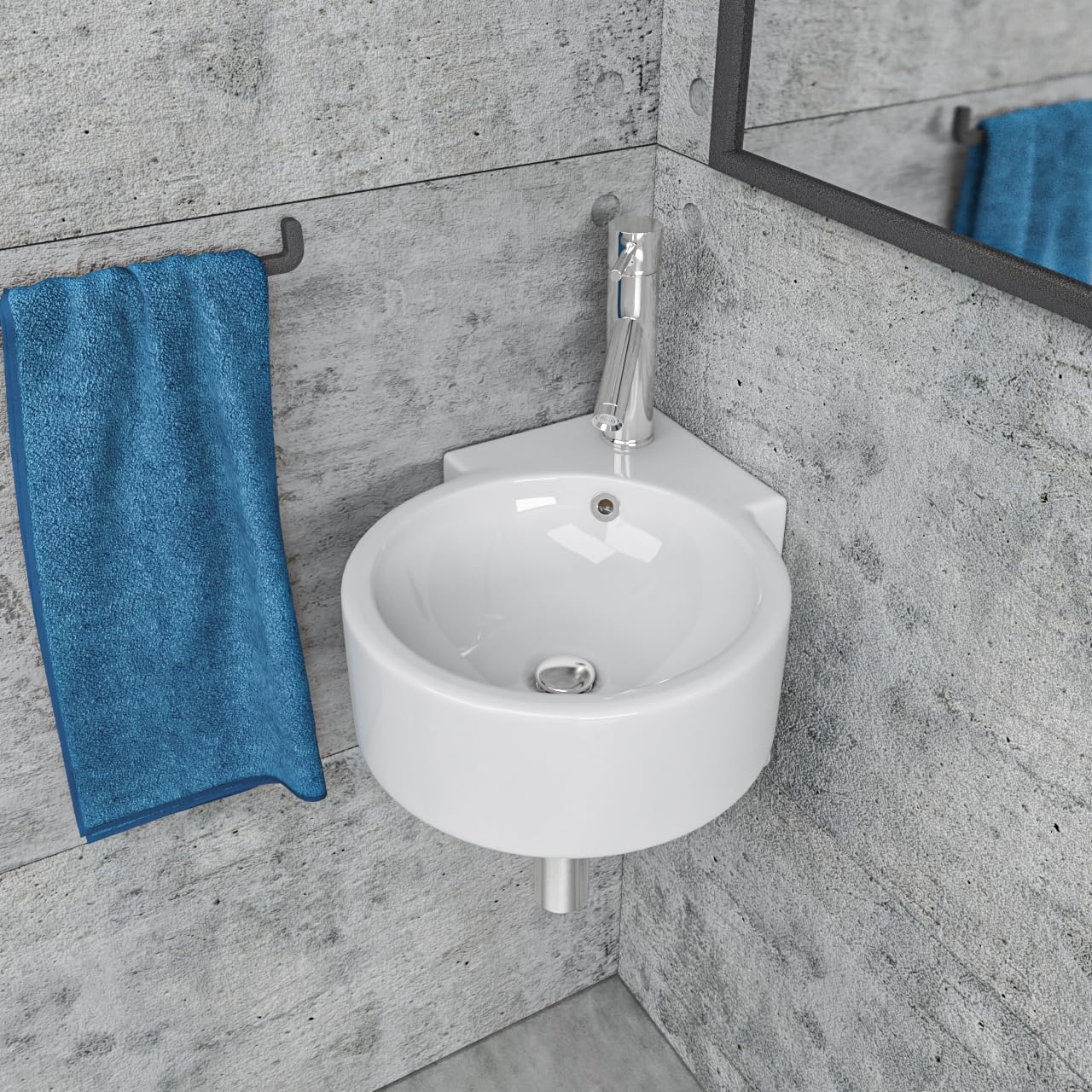 Design Eckwaschbecken Waschbecken Hängewaschbecken für Gäste WC rund weiss mit Überlauf