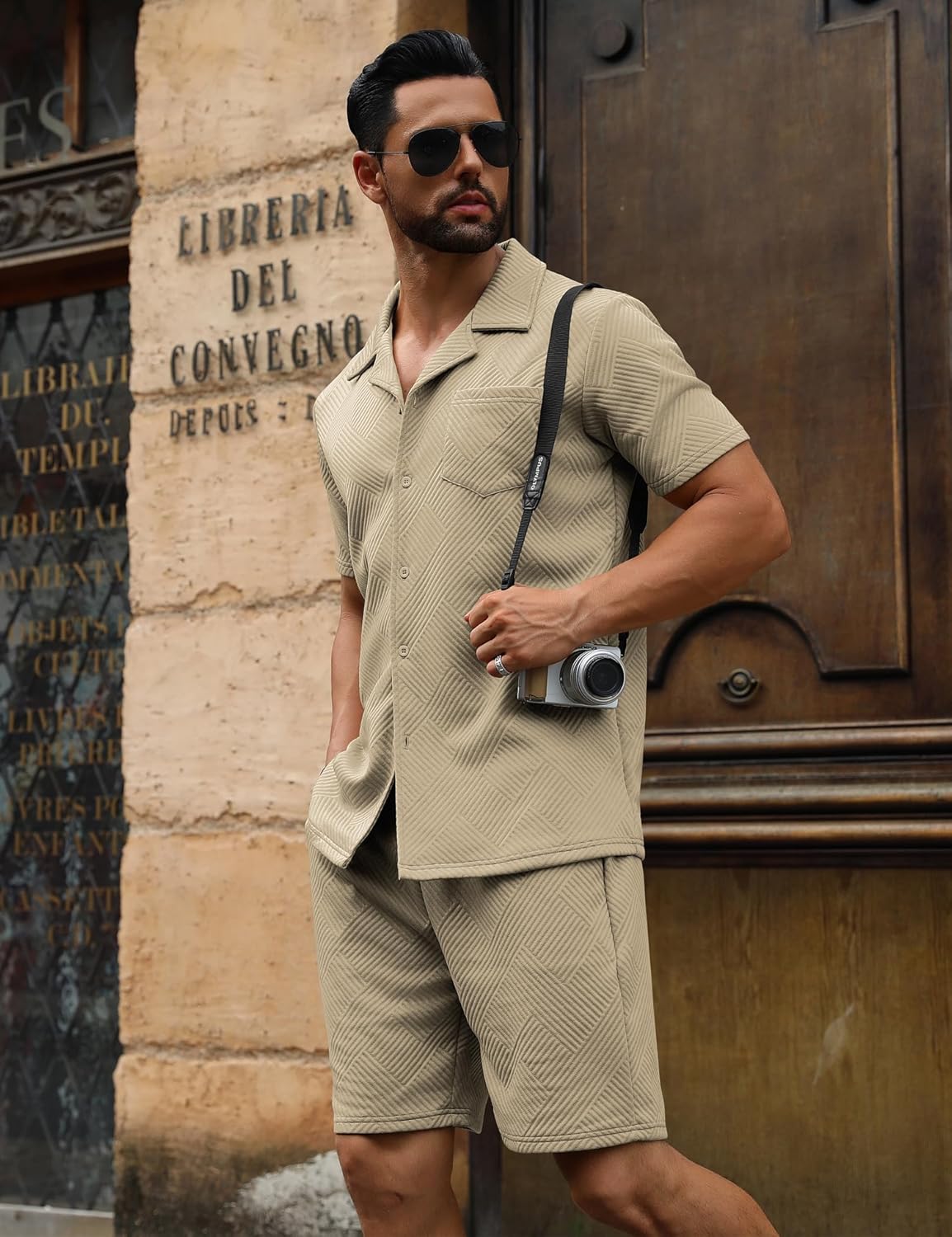 URRU Mens 2 Piece Outfits Summer Casual Texture Beach Short Sleeve Button Down Shirts and Shorts Set with Pocket - Image 4