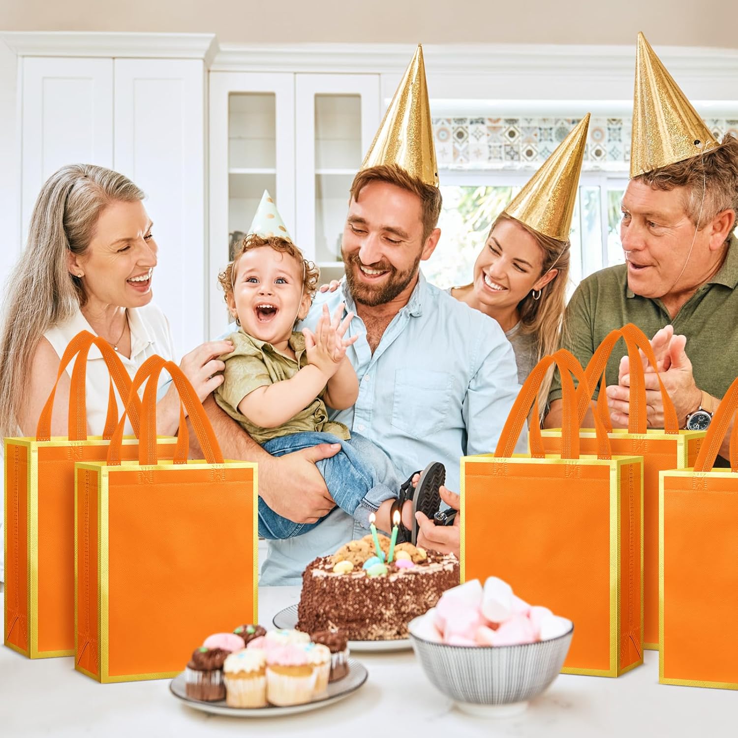 24 Pcs Reusable Gift Bags with Handles 10 x 8 x 4 Thank You Non Woven Tote Bag for Wedding Christmas(Orange Gold) - Image 7