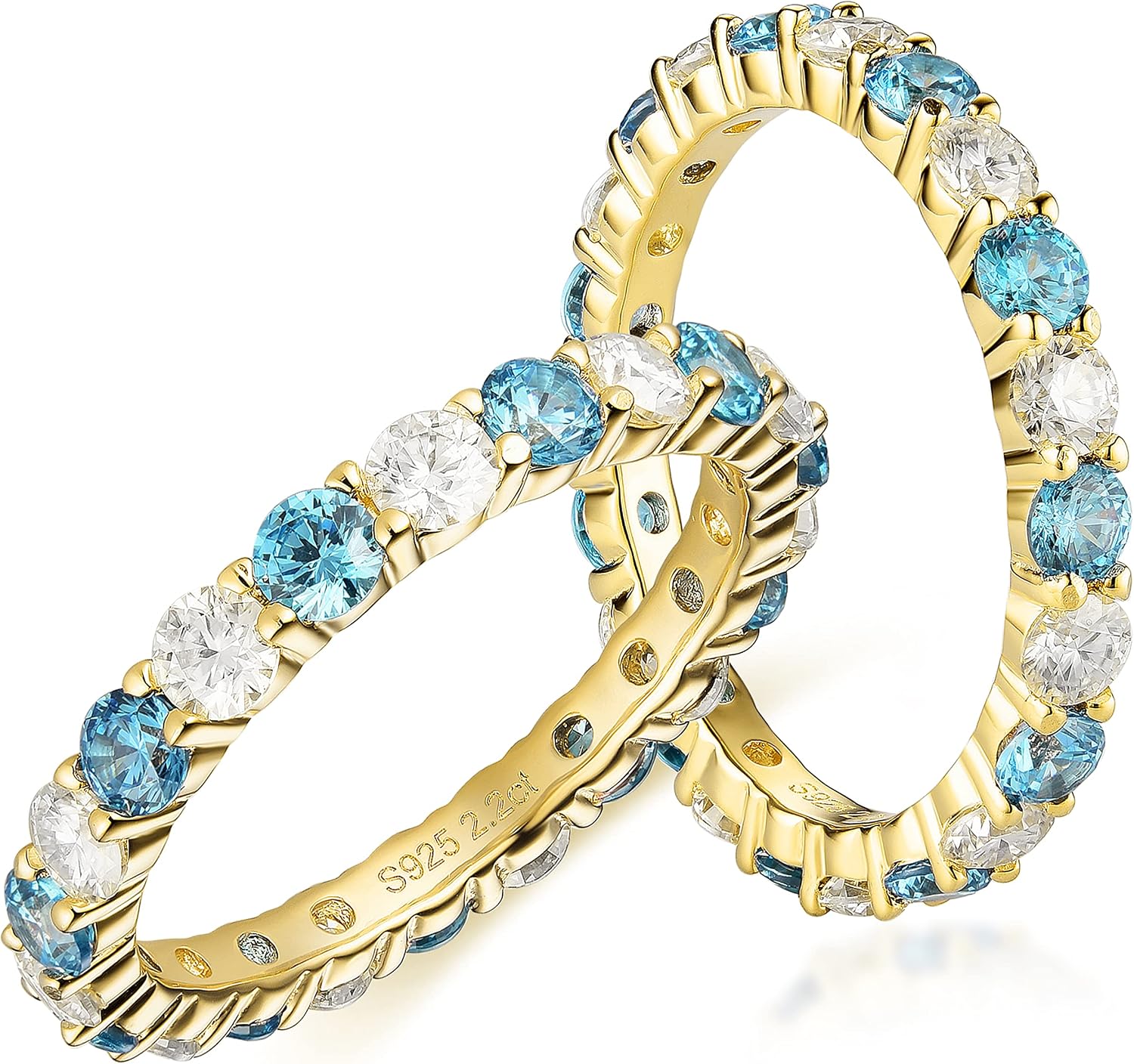 DovEggs Moissanite Wedding Band Full Eternity Wedding Ring for Women 1.9-2.3ctw Total 3mm Cut GHI Simulated Diamond Moissanite&Blue CZ Stackable Engagement Ring White/Yellow/Rose Gold Plated Silver