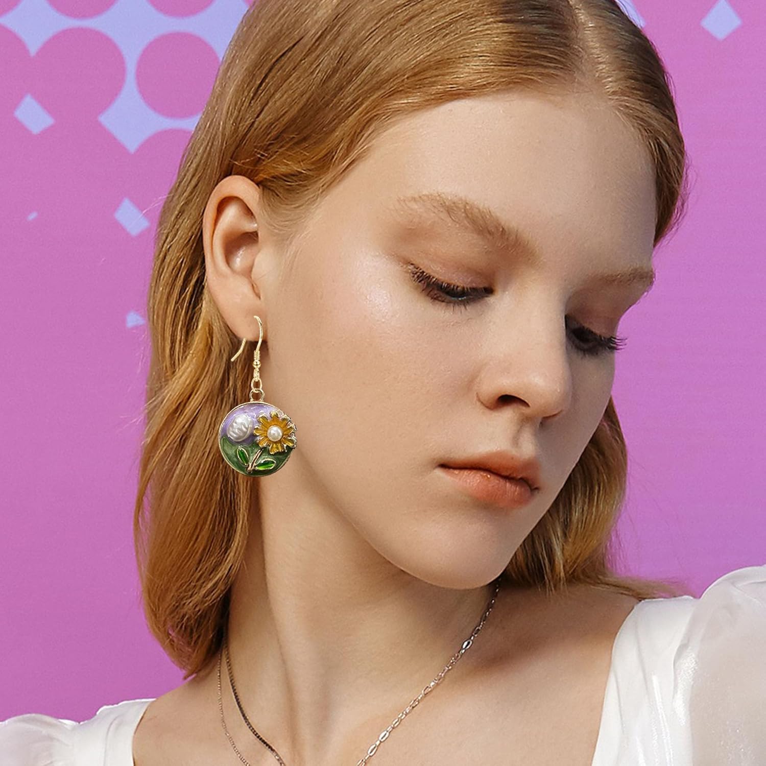 Vintage Enamel Pearl Flower Earrings for Women Circle Oil Painting Flower Pearl Drop Dangle Earrings - Image 2