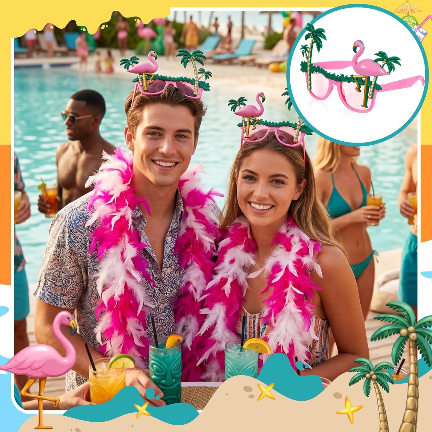 2 Sets of Flamingo Sunglasses with Pink Feather Boa Coconut Tree Novelty Eyewear Costume for Adult Hawaiian Party Tropical Beach Accessories Photo Booth Summer Dance Halloween Fancy Dress