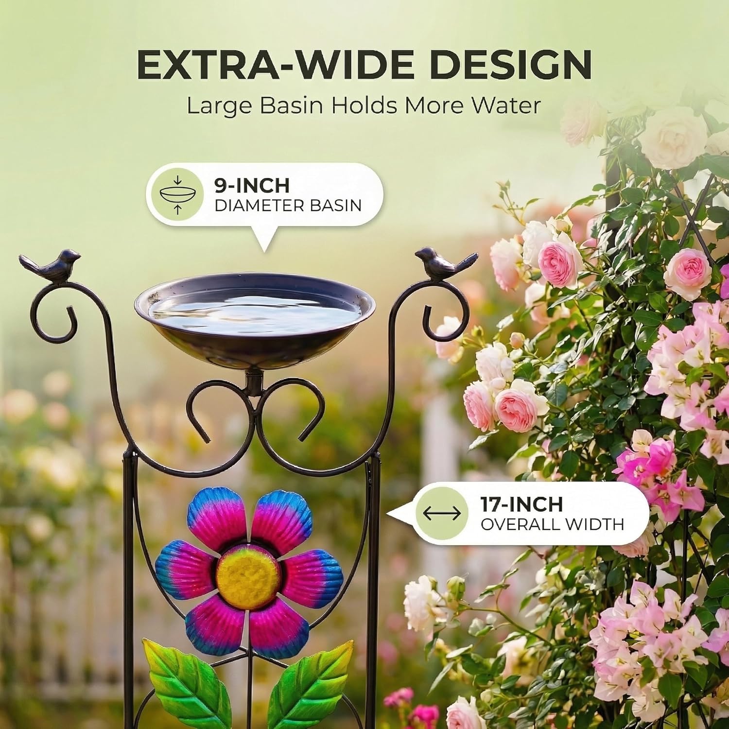 Bird Bath with Trellis Outdoor - 40" Antique Iron Free Standing with 9" Detachable Basin, Spinning Flower Windmill & Birdfeeder Station for Garden Decor