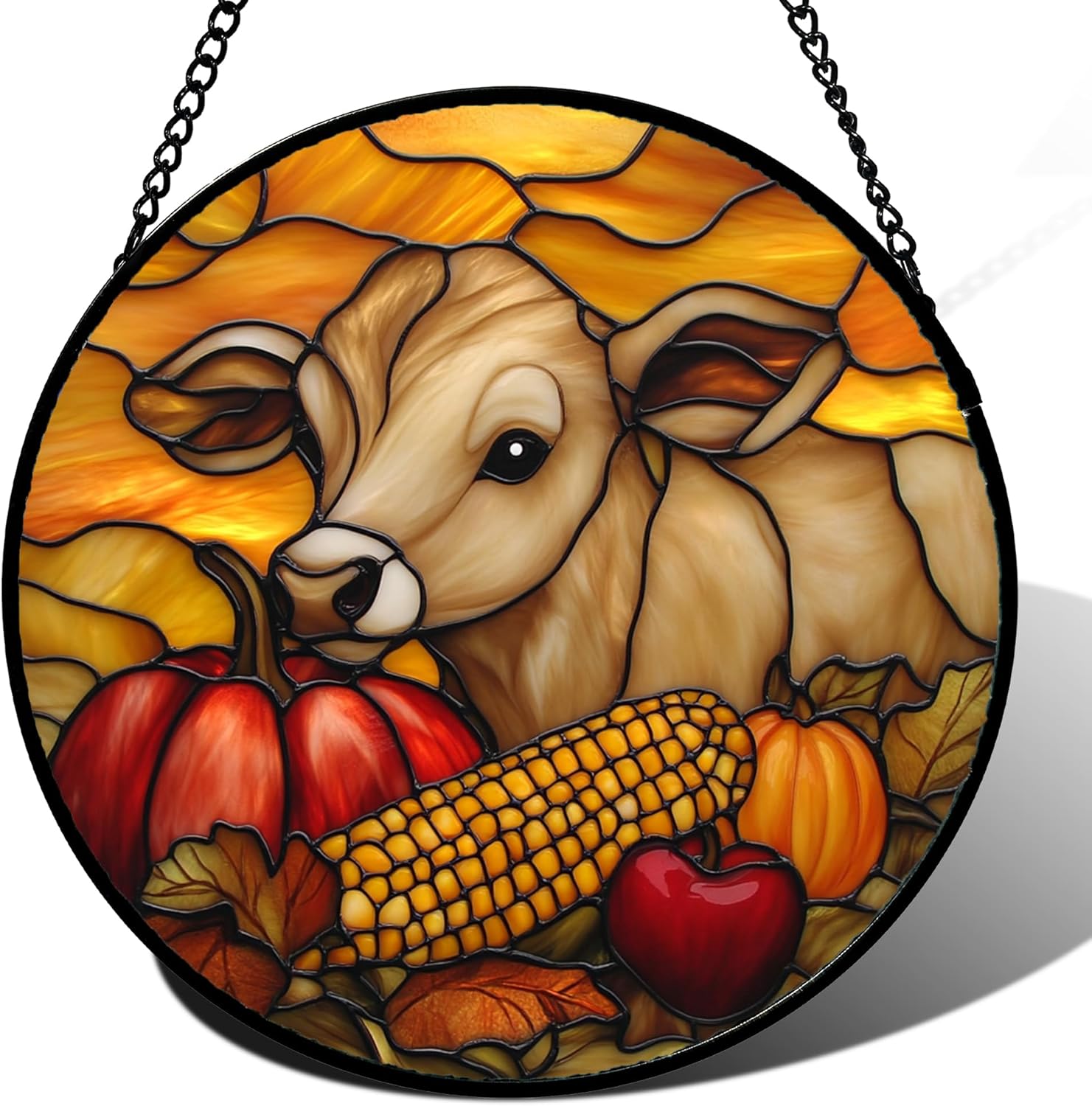 Stained Glass Window Hanging Retro Fall Harvest Cow Fruit Large 11.8" - Suncatcher Door Garden Home Sun Catcher Autumn Decor Birthday Christmas for Mom Men Woman Nana