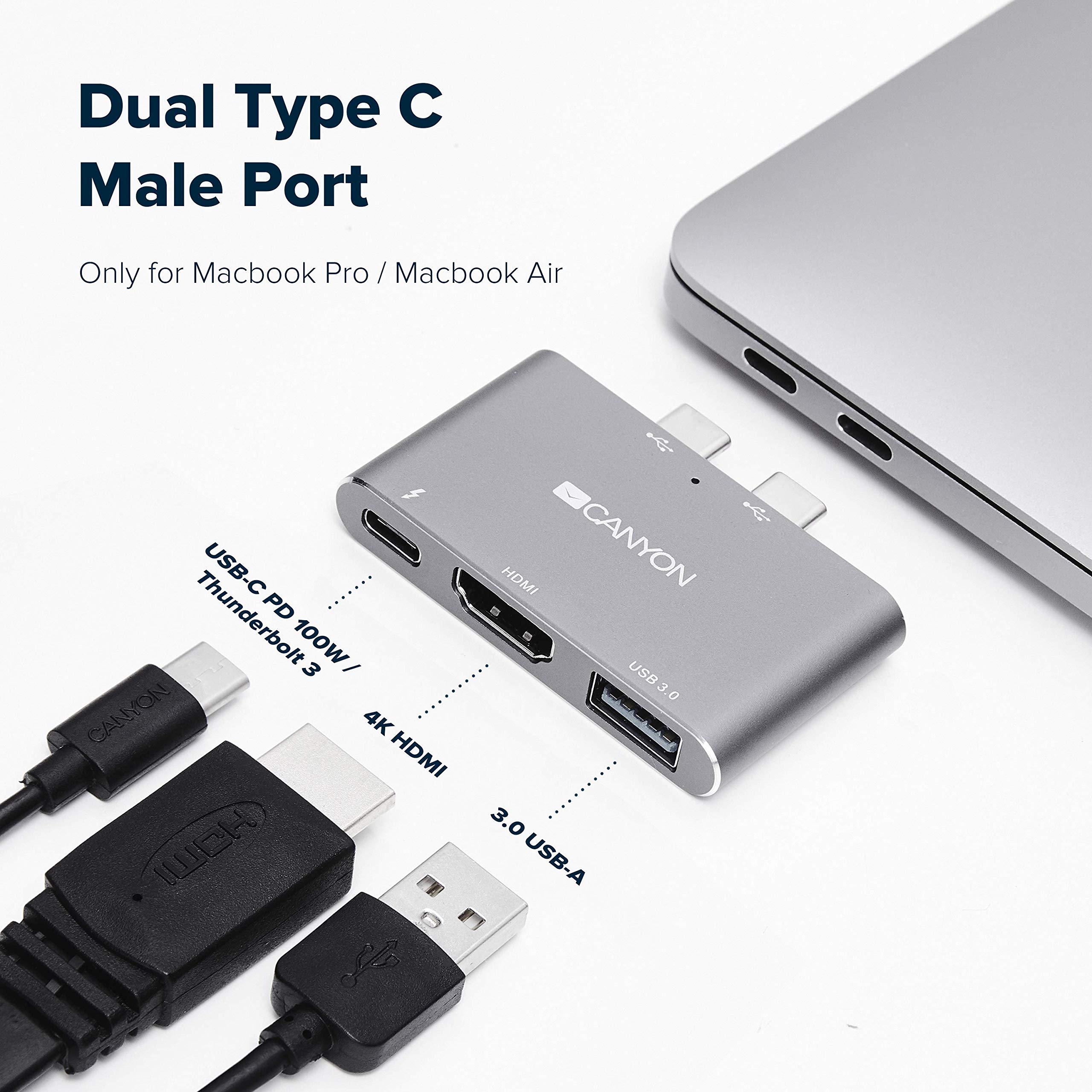CANYON Stacja dokująca 3 w 1 Thunderbolt 3 z koncentratorem USB 3.0 i portem HDMI 4K, szybkie ładowanie i transmisja danych, kompatybilna z komputerami MacBook Air i Pro