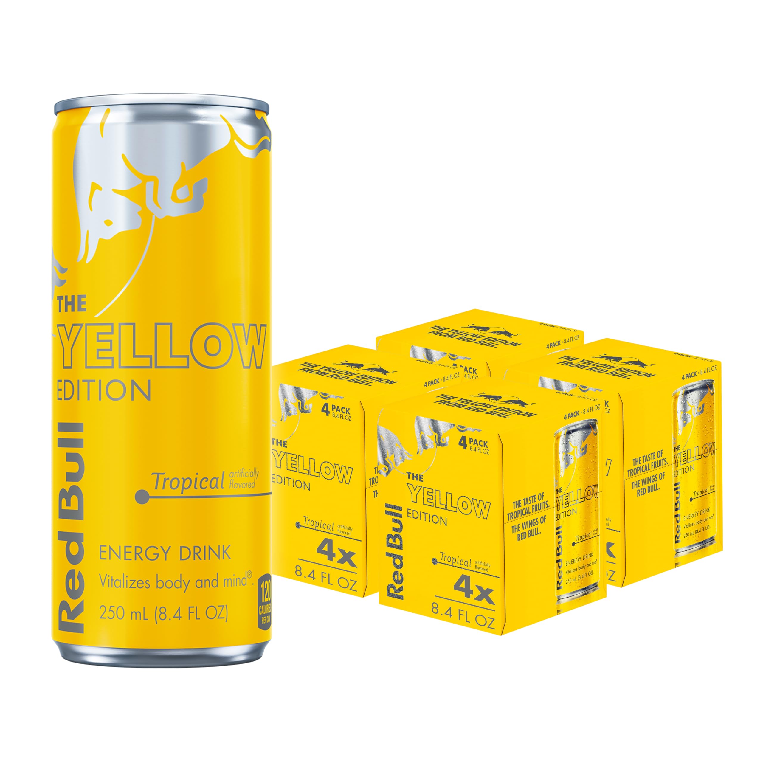 Yellow Edition Energy Drink, Tropical, with 80mg Caffeine plus Taurine & B Vitamins, 8.4 Fl Oz, Pack of 16 Cans