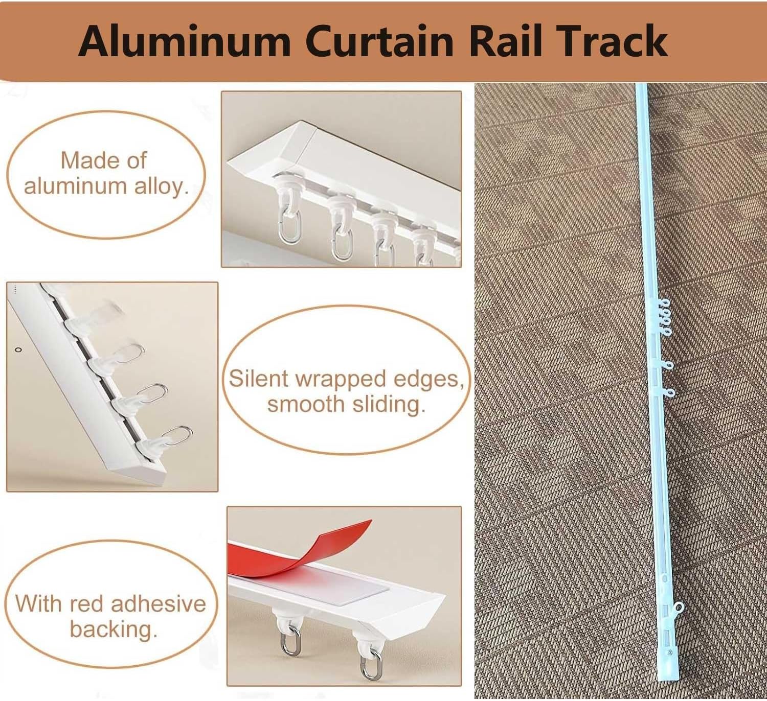 No Drill Aluminum Curtain Track - Self-Adhesive Ceiling Mount Curtain Rod Set for Blackout, Room Divider & Window Treatment (4.4m/14.4ft, Black)