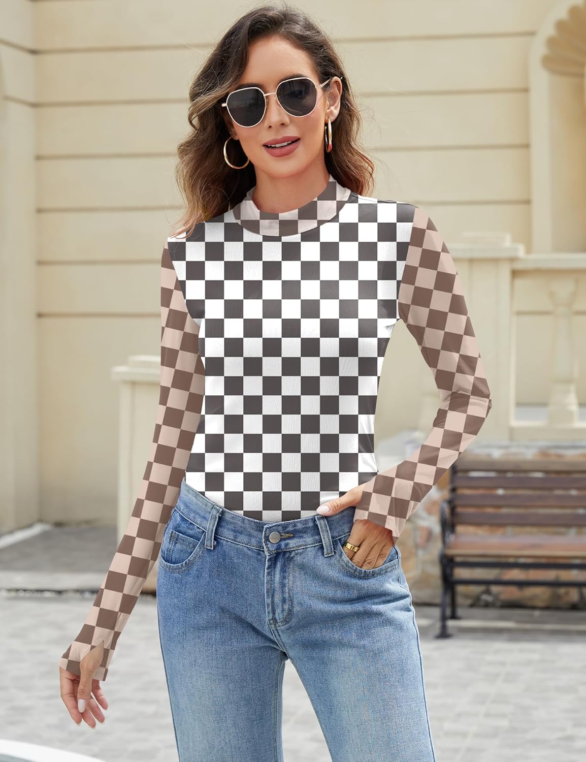 LOMON Mesh Long Sleeve Tops for Women Double Layered Sheer Shirts Mockneck Going Out Party Lace Blouse S-XXL - Image 5