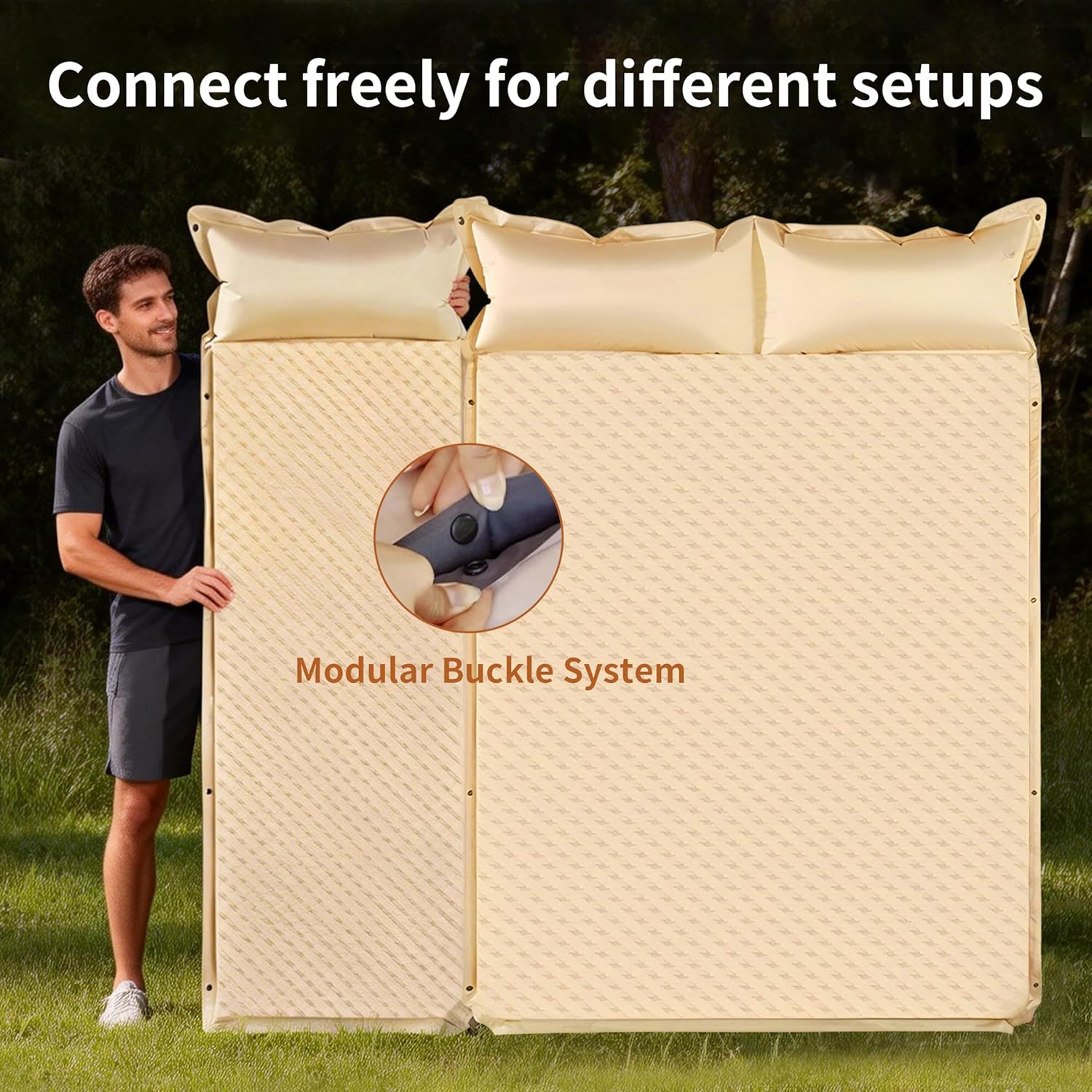 Self-Inflating Camping Mat - 1.2"/2" Thick Portable Air Mattress with Pillow for Outdoor, Hiking & Travel(Offwhite 2" for Two)