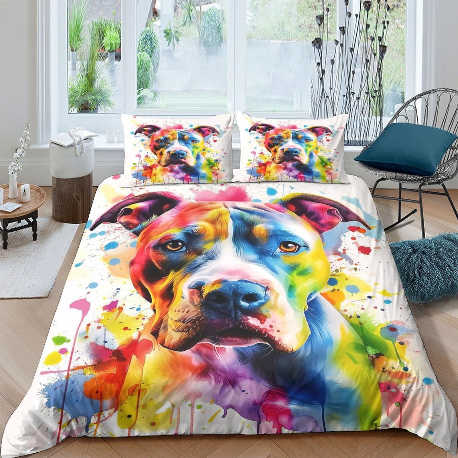 Colorful Hundeporträt 3-teiliges Reines Polyester Lebendige abstrakte Tierkunst Bettbezug, Versteckter Reißverschluss, Krippenbettwäsche, Babysicher & Pflegeleicht King（220x240cm）