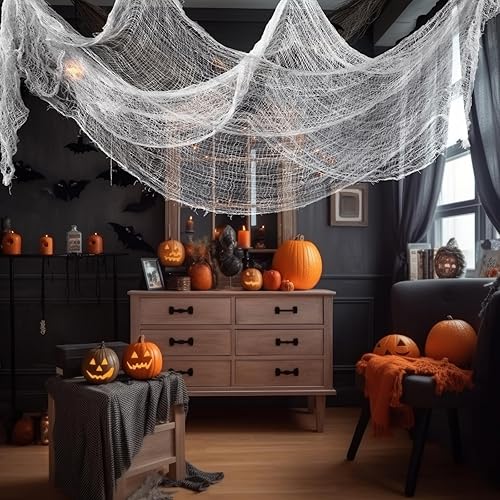 Miniatura 25 de NEBURORA Tela espeluznante de Halloween, 4 piezas de gasa espeluznante negra de 72 x 30 pulgadas, suministros de fiesta de Halloween para interiores