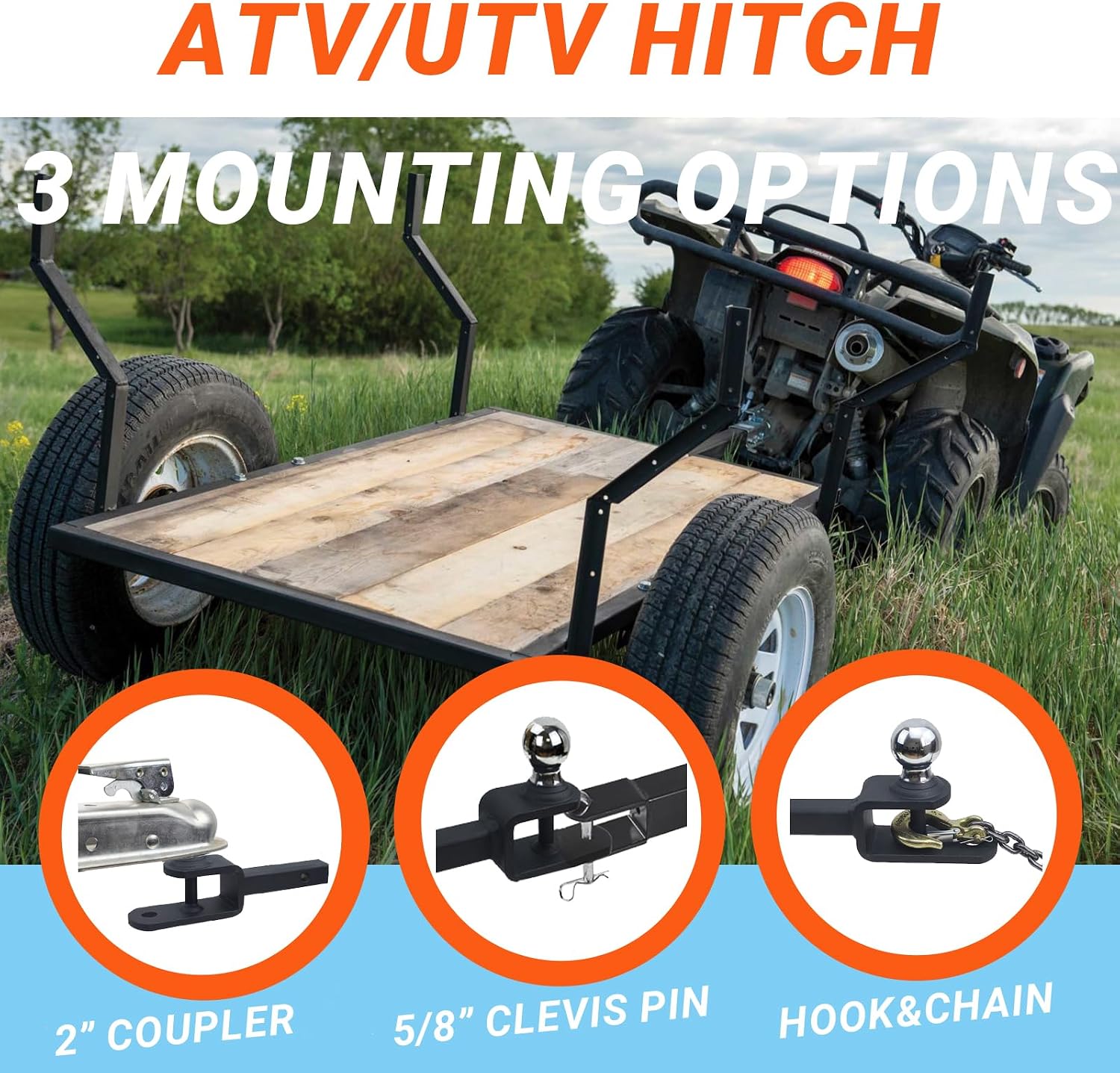 ATV/UTV Trailer Hitch with 2 Inch Ball, Fits 1 1/4 Inch Receiver | Multi-Purpose 3 in 1