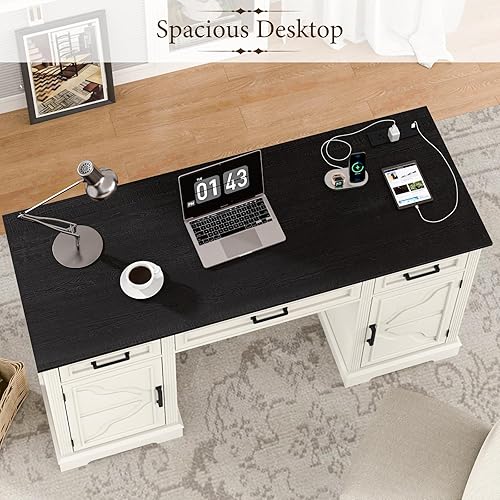 Miniatura 6 de Vabches Escritorio para computadora con cajón de archivos, escritorio ejecutivo rústico con cajones, escritorio de oficina de madera con amplios
