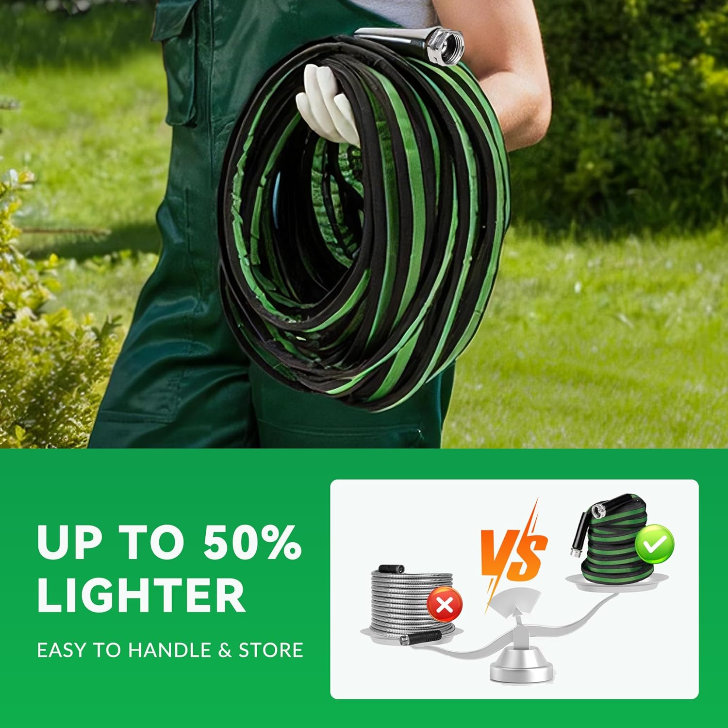 HERZO Garden Hose 50 FT, Lightweight, Ultra Flexible, Durable, Kink-Free Garden Hose, RV, Marine and Camper Hose