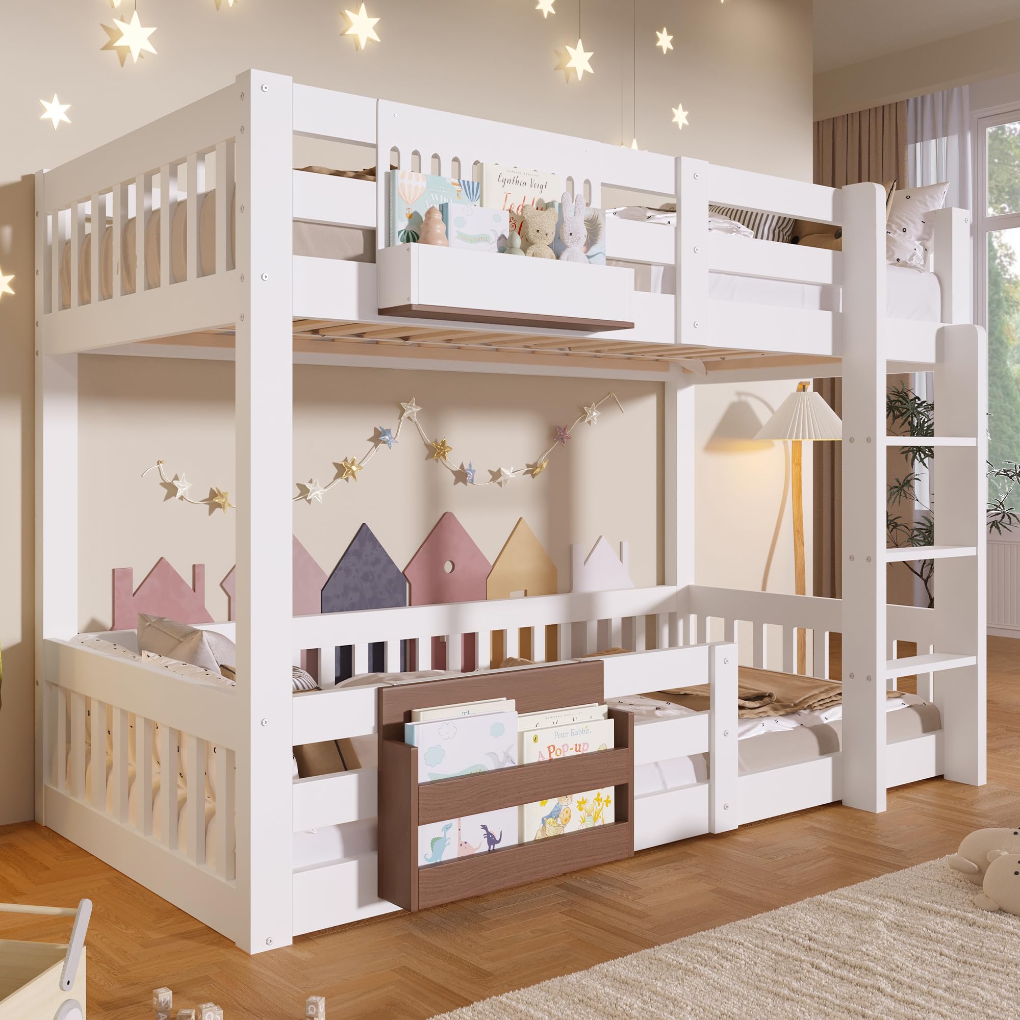 Kinderbett Etagenbett 90x200cm,für 2 Kinder Hochbett,mit Treppe und Aufbewahrungsfächer,mit Rausfallschutz und Lattenrost,Ohne Matratze (90x200cm)