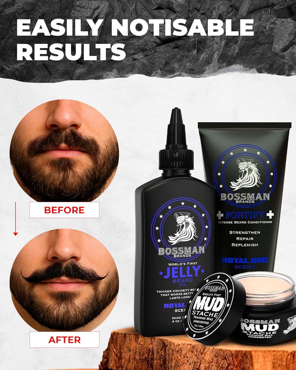 Bossman Big Boss Beard Care Kit for Men - 7 Piece Beard Grooming Kit with Jelly Beard Oil, Beard Conditioner, Beard Balm, MUDstache Wax, Bar Soap, Metal Comb, Brush - Gift Set for Men (Magic) - Image 6