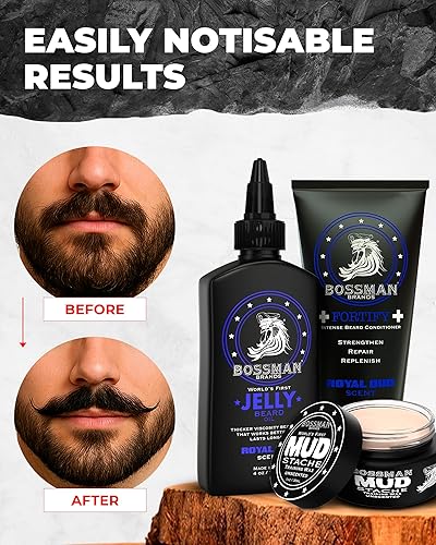 Vista 5 de Bossman Kit completo de gelatina de aceite para barba para hombre, acondicionador de ducha fortificante, bálsamo, cera de bigote y peine, suavizante