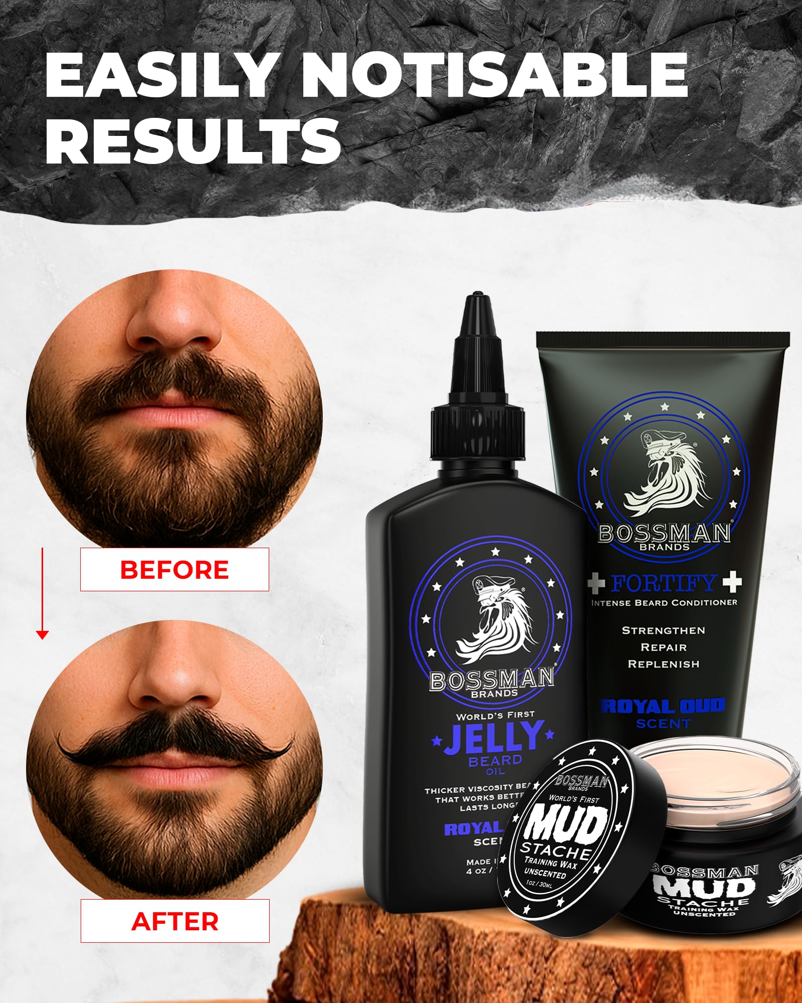 Bossman Complete Beard Kit – Men's Beard Oil Jelly, Fortifying Shower Conditioner, Balm, Mustache Wax & Comb – Beard Softener & Grooming Care – Men Gift Set (Stagecoach Scented)