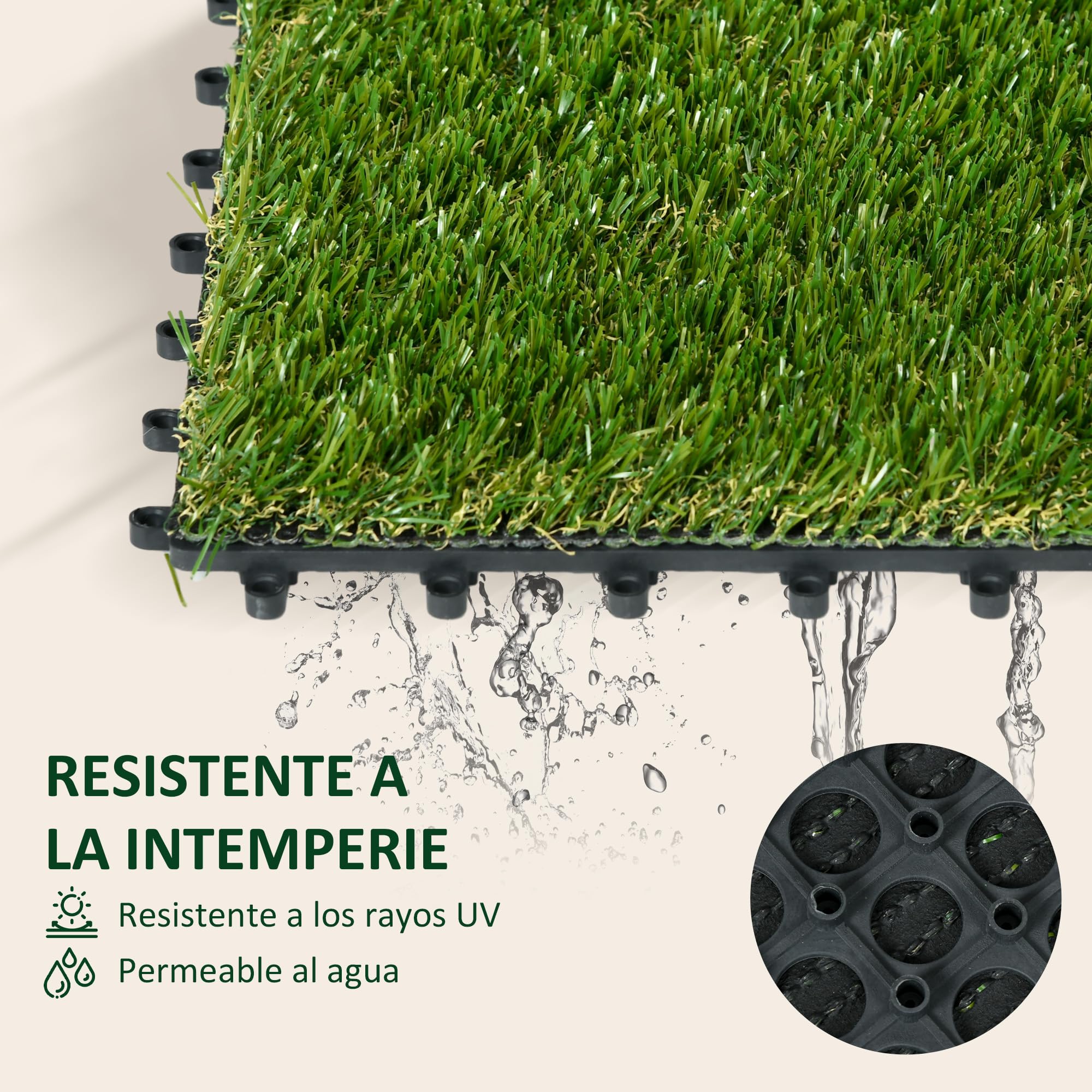 Outsunny Césped Artificial de 10 Piezas Alfombra Césped Artificial 30x30 cm con Altura de Hierba 25 mm Anti-UV para Jardín Patio Balcón Verde Oscuro
