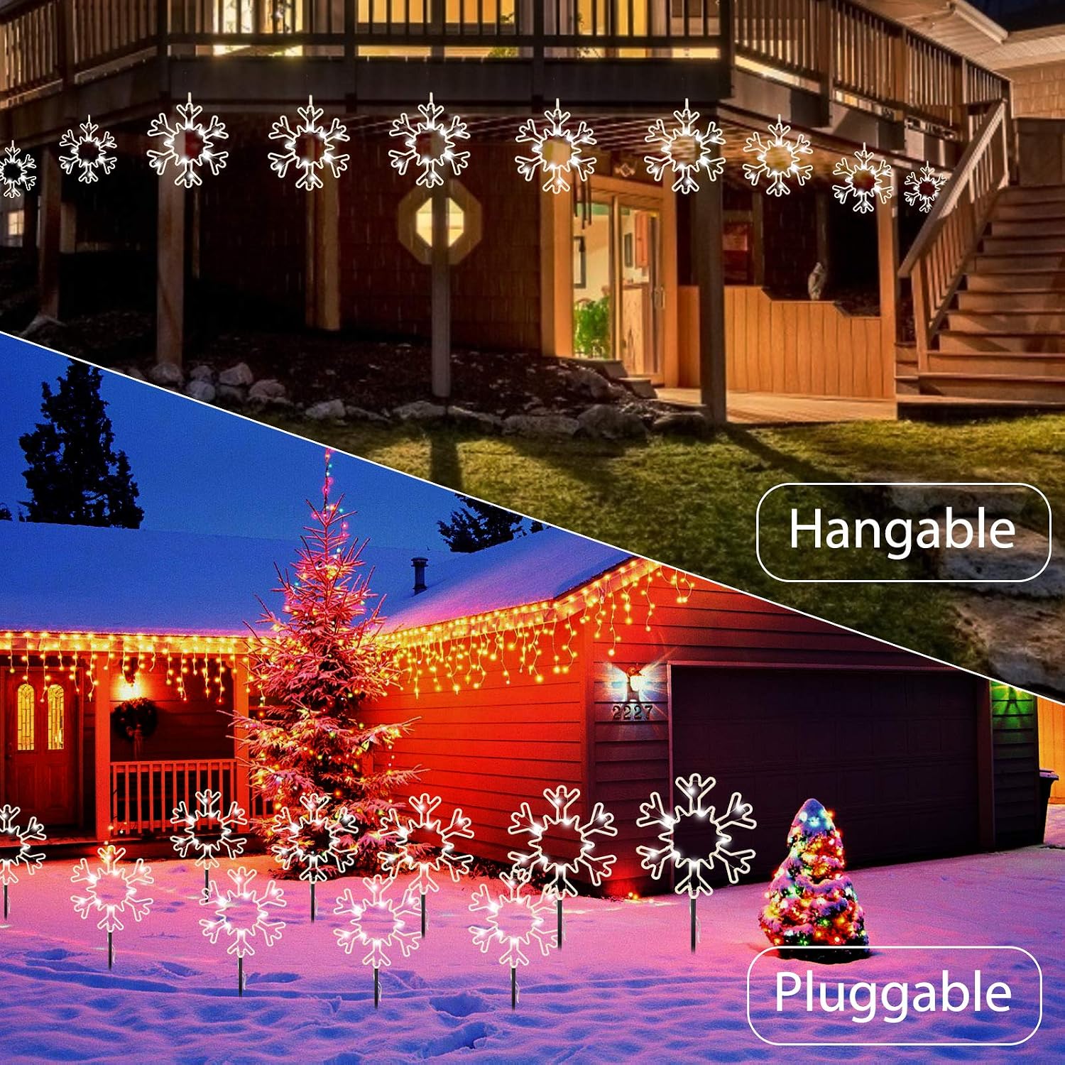 8.5” Christmas Pathway Stake Lights Outdoor 5 Pack 8 Feet 60 Led Fairy Lights Battery Operated Waterproof Snowflake Landscape Lights for Xmas Indoor Party Decorations, Pure White