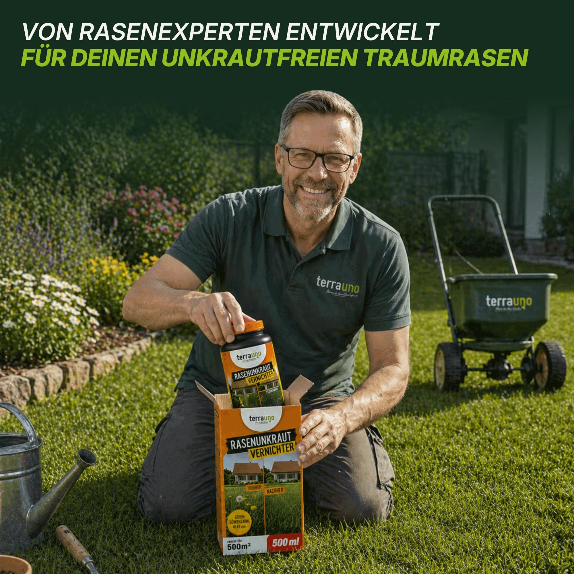 TerraUno Unkrautvernichter Rasen 500 ml, Flüssiges Unkrautvernichtungsmittel extra stark, gegen über 40 Unkräuter, Löwenzahn und Klee Vernichter, Rasenunkrautvernichter mit wurzeltiefer Wirkung