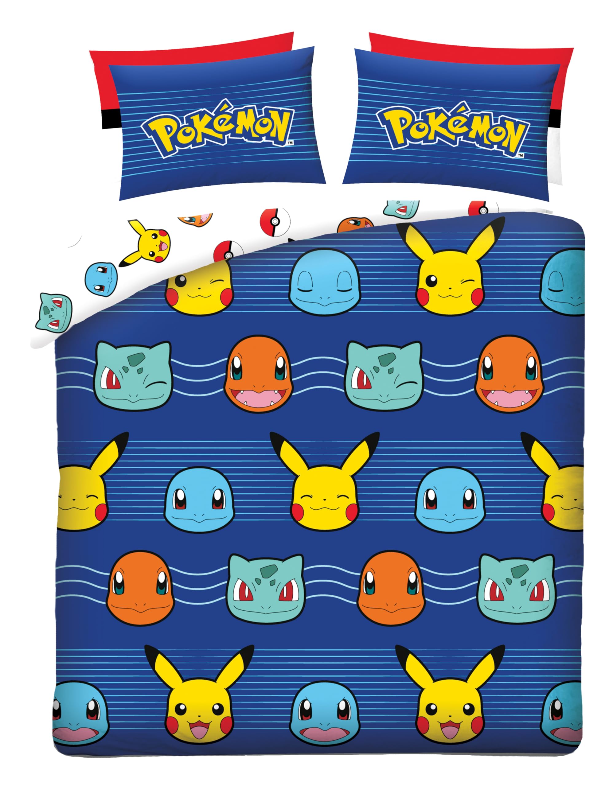 Pokémon Funda Nórdica Cama 150 240x220 + 2 Fundas Pikachu Reversible | Ropa de cama 2 personas | Microfibra Oeko-Tex secado rápido | Pikachu Charmander Bulbasaur Squirtle | 2 diseños | Regalo