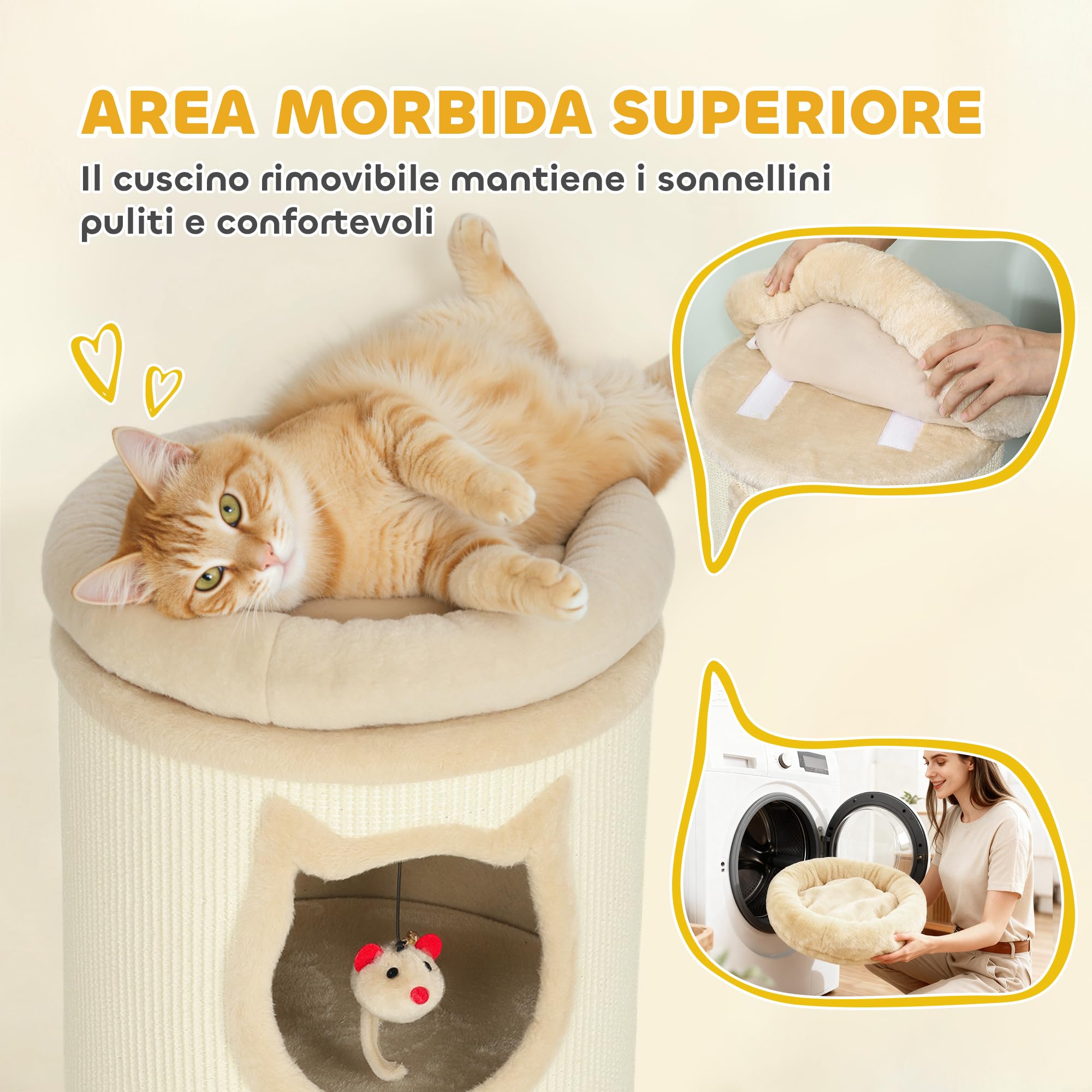 PawHut Torre Tiragraffi per Gatti Alta 96 cm Albero per Gatti Bianco Crema | 3 Casette, Lettino Superiore Rimovibile e Lavabile, Palline Appese