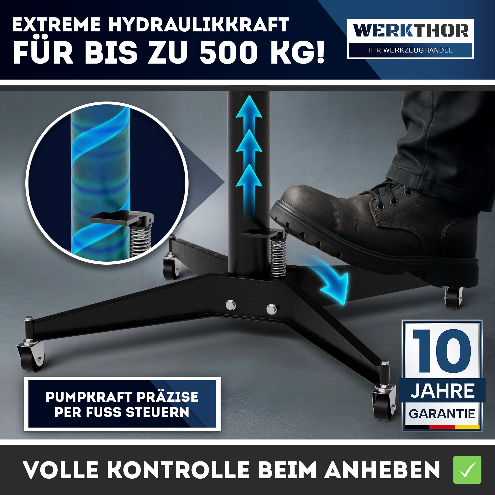 WERKTHOR Getriebeheber 500kg hydraulisch & verstellbar 105-185 cm – Motorheber Faulenzer für Werkstatt – Getriebeheber kfz rollbar mit 4 Lenkrollen & Fußpedal – Auto Heber Schwarz