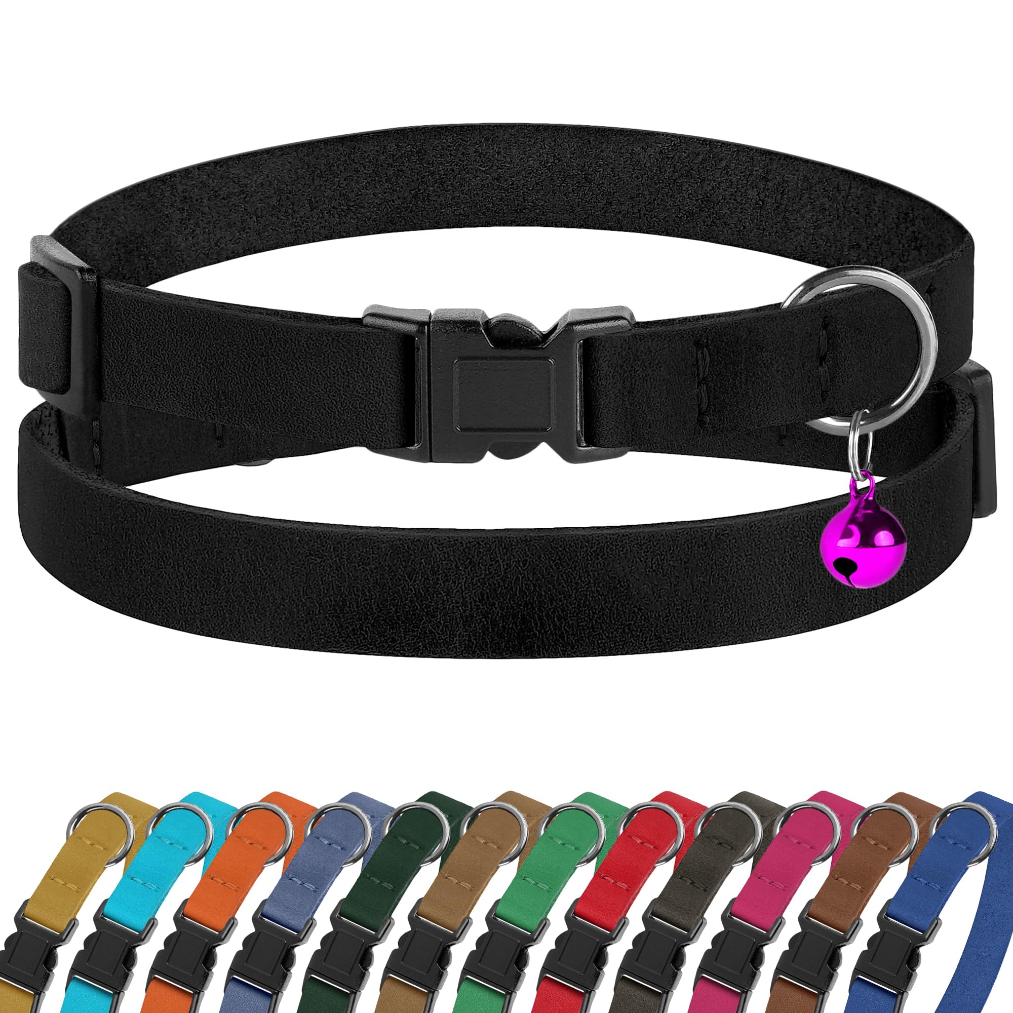 Breakaway Cat Collar Leather with Removable Bell - 13 Colors Available - Soft Adjustable Girl Boy Safety Lightweight Pet Kitten Collars Pink Brown Blue Green Red Orange Black (Black)