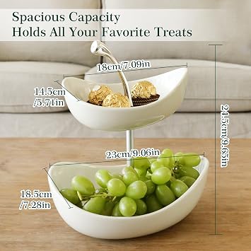 SEVEN SPARTA Double Layer Cherry-Shaped Ceramic Fruit Bowl, 2-Tier Countertop Fruit Basket for Kitchen, Modern Decorative Serving Platter for Fruits, Snacks, Candies (White)