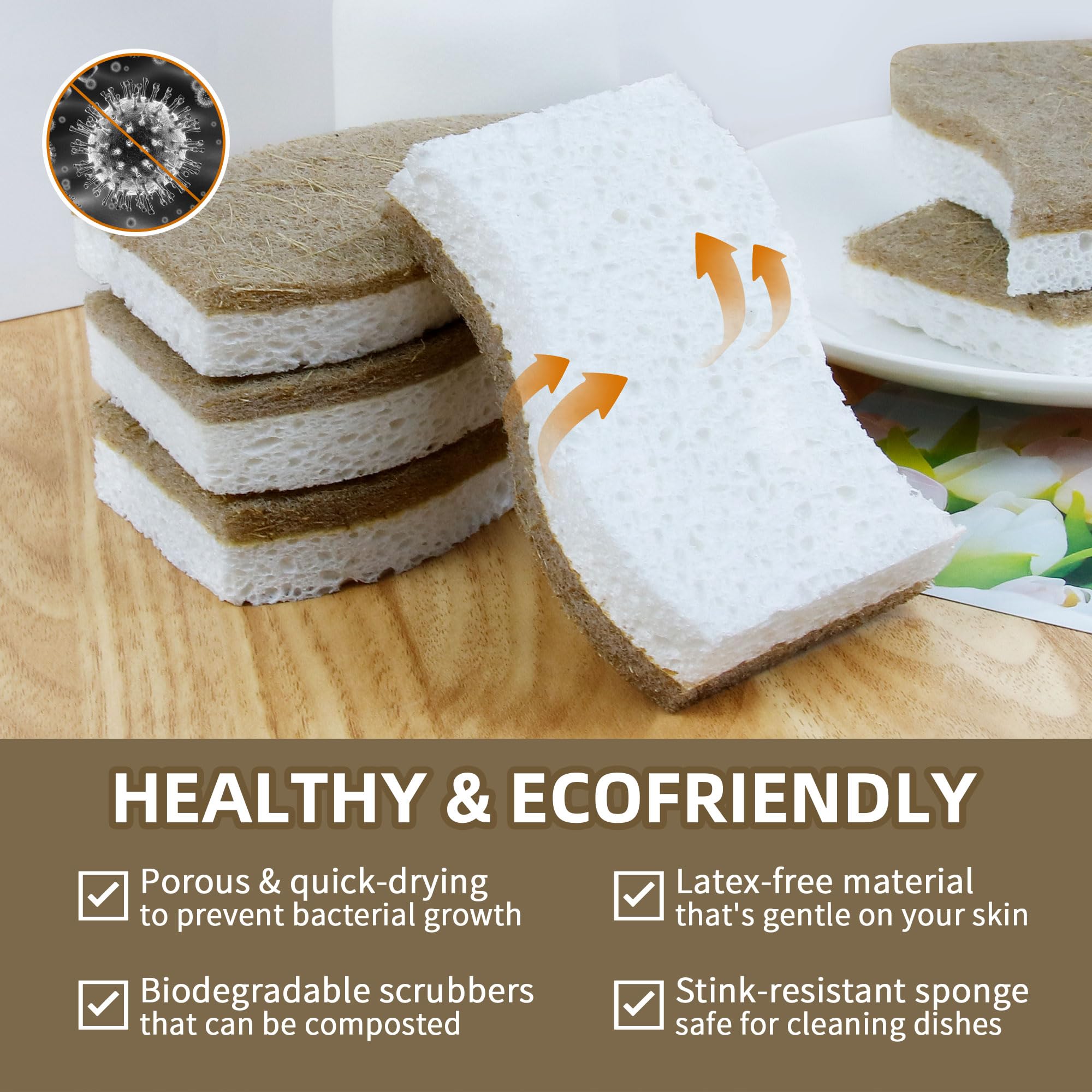 12 Pack Biodegradable Eco Sponges Washing Up,Natural Cellulose and Coconut Kitchen Sponges,Durable Natural Dishe Sponge with Non-scratch Scouring Pads for Dishes Pots and Pans - Image 4