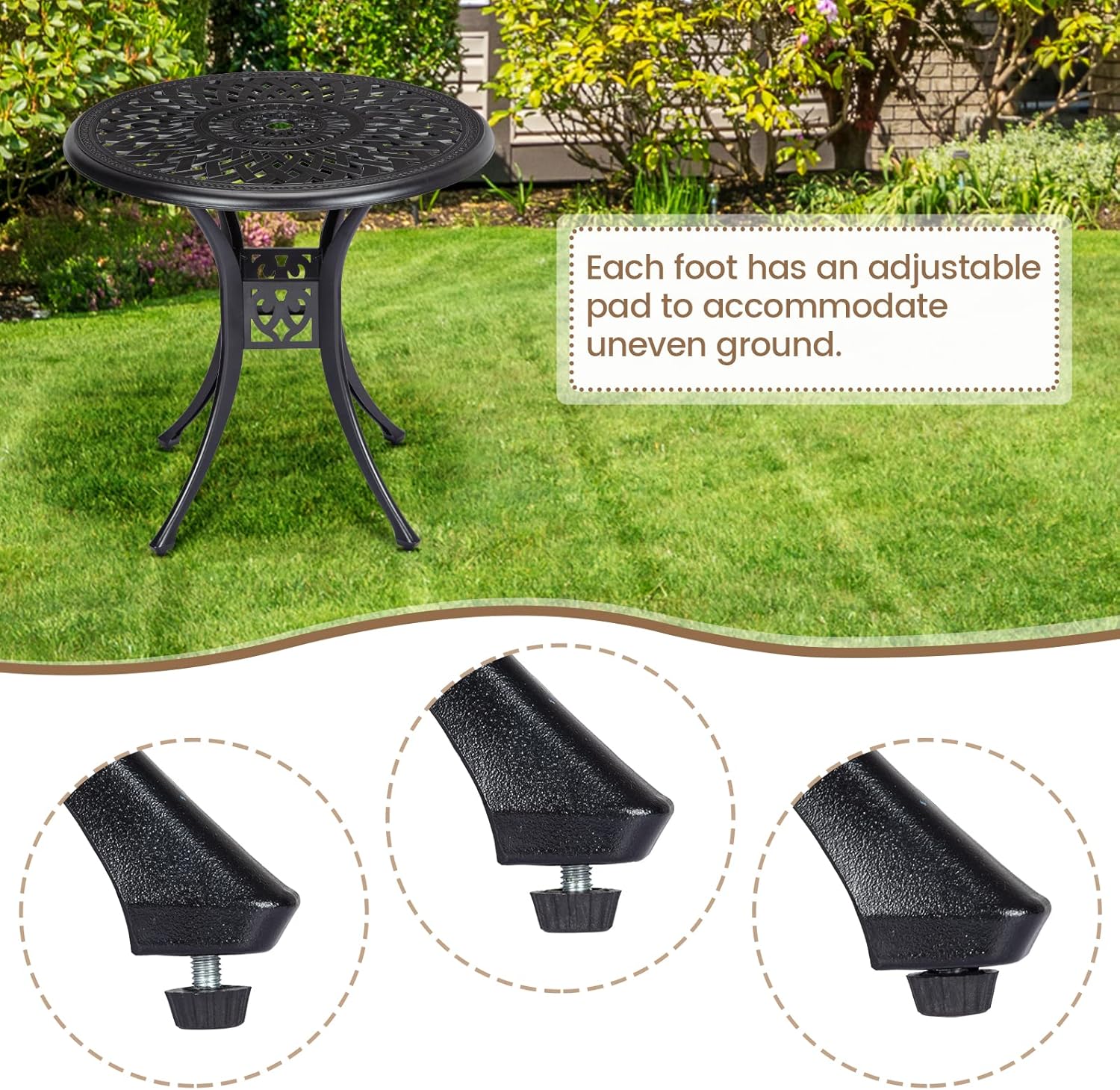 30.25" Round Cast Aluminum Patio Bistro Table, Bistro Table with Umbrella Hole, Outdoor Side Table, for Porch, Backyard, Garden, Balcony, Black