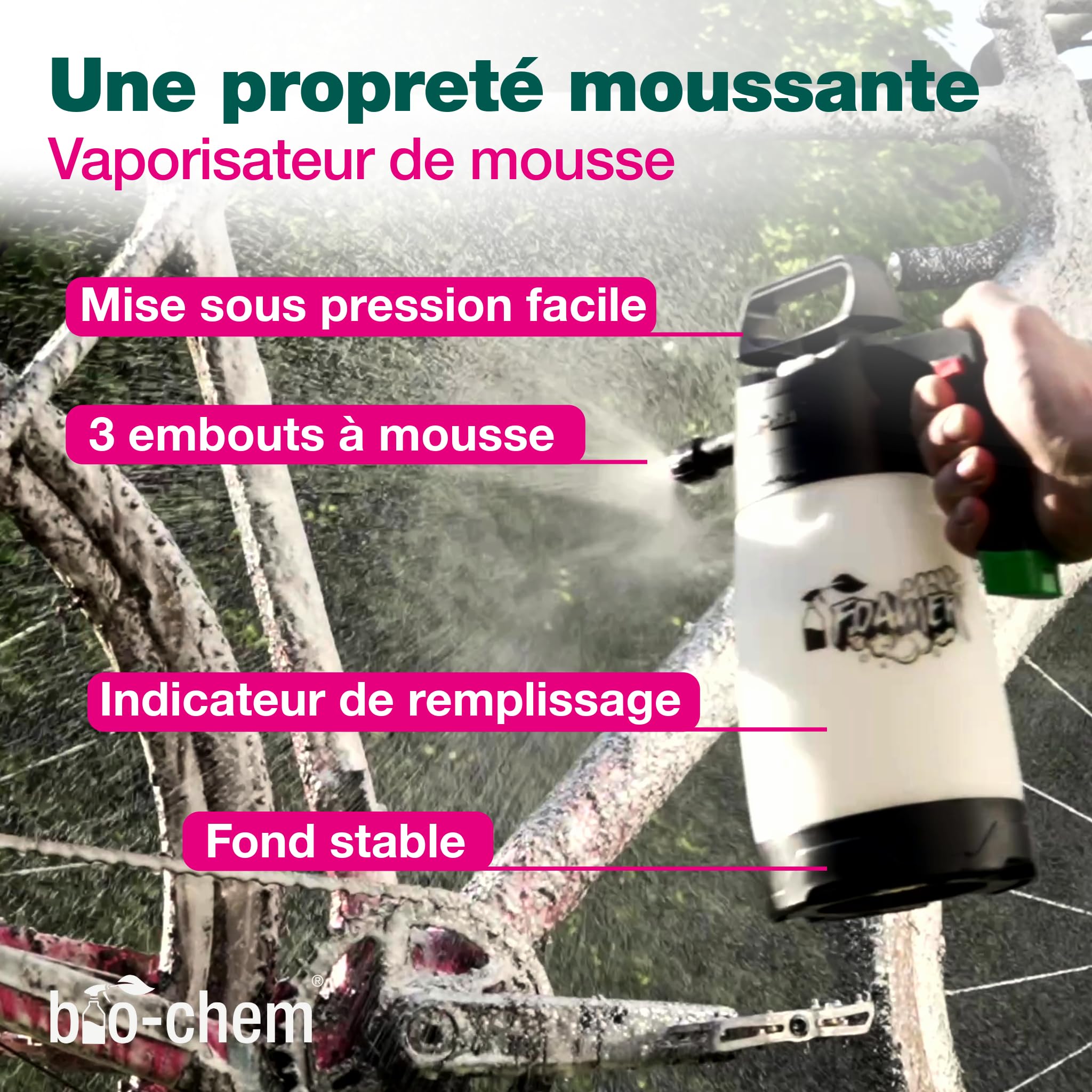 bio-chem Set de 9 accessoires de nettoyage pour vélo, vtt, e-bike | Vaporisateur de mousse, brosses pour chaîne et cadre et chiffon microfibre - Nettoyage et entretien du vélo